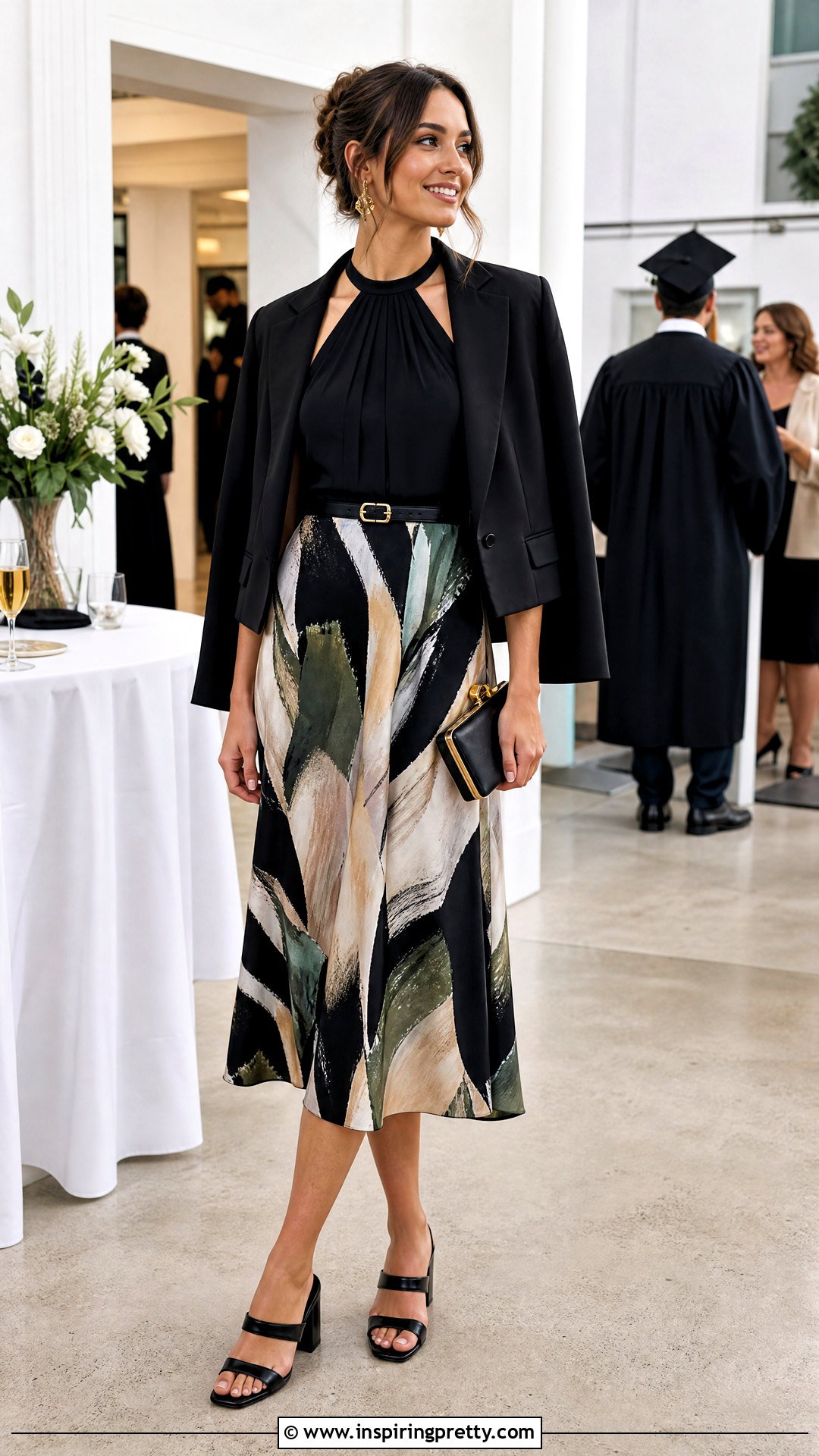 Black Halter Top With Printed Midi Skirt And Heels - 50 black halter top outfit ideas