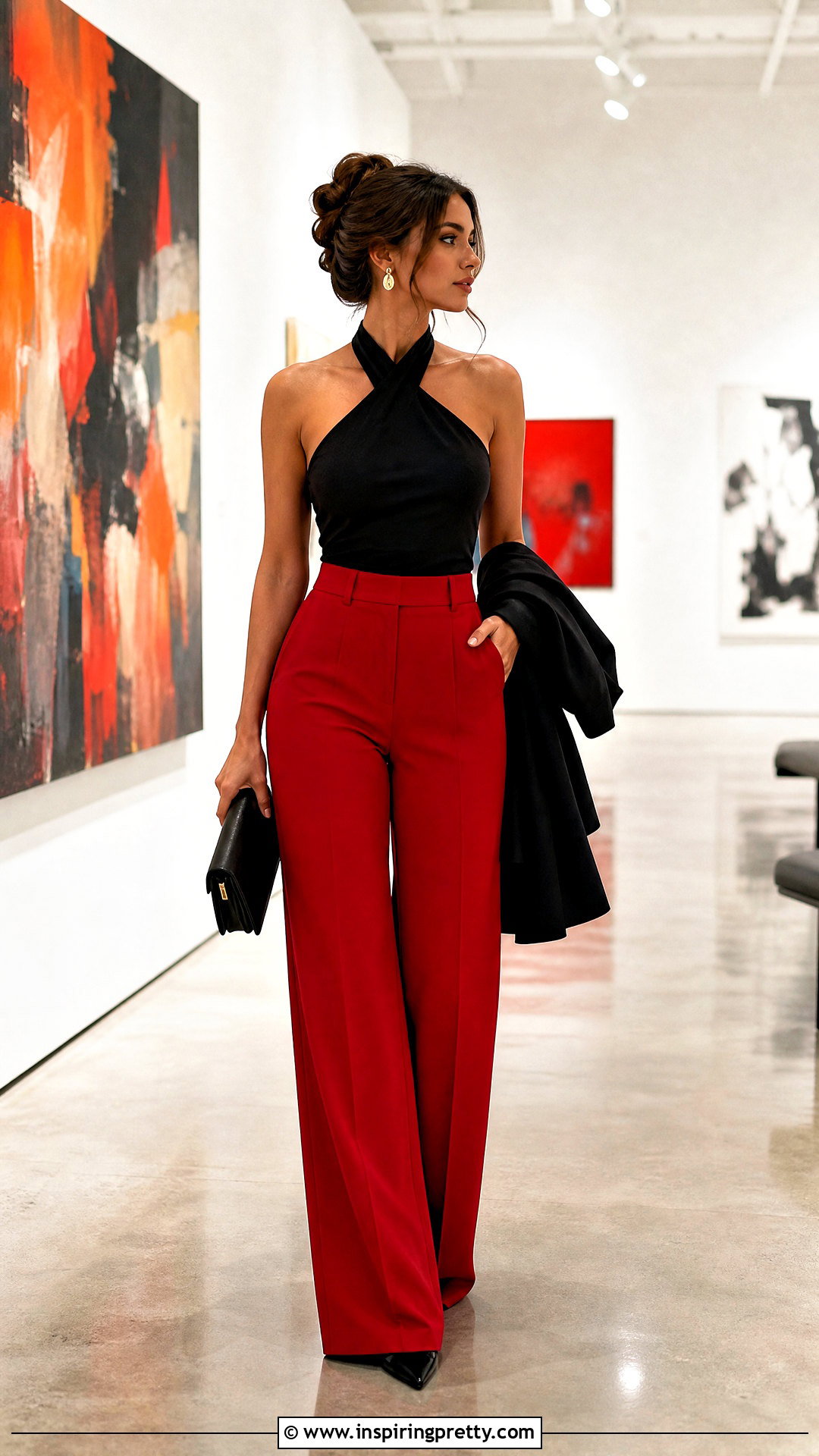 Black Halter Top With Red Trousers - 50 black halter top outfit ideas