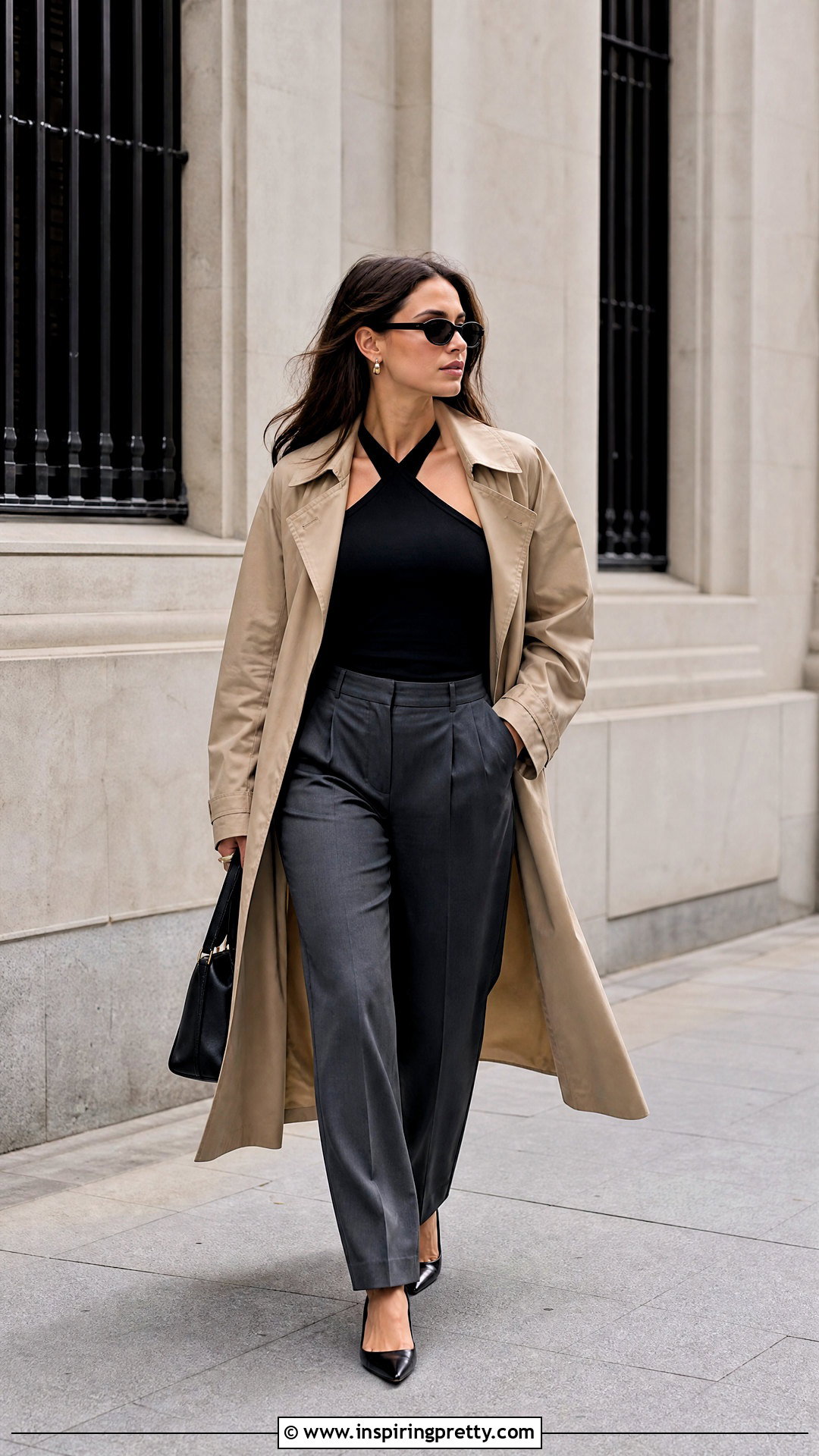 Black Halter Top With Trench Coat And Trousers - 50 black halter top outfit ideas