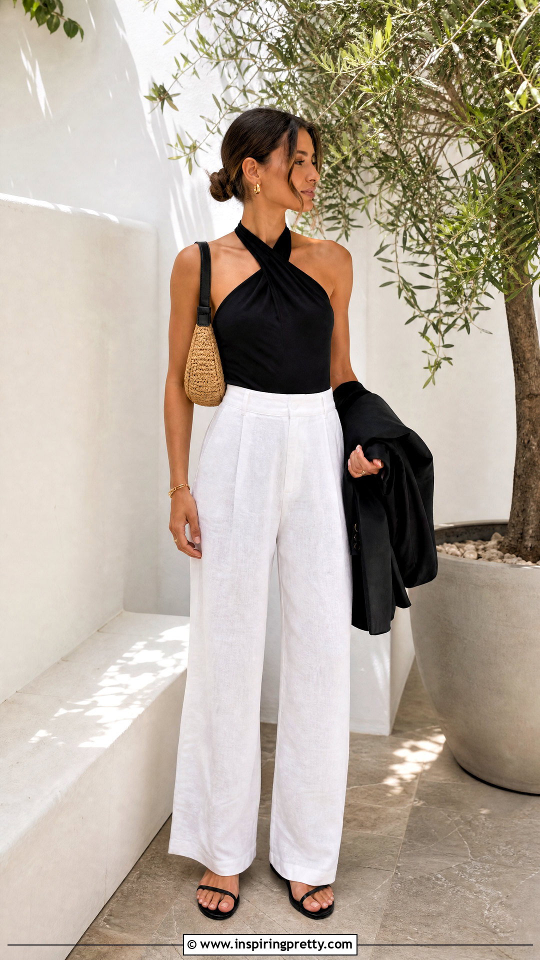 Black Halterneck Top With White Linen Pants - 50 halterneck top outfit ideas