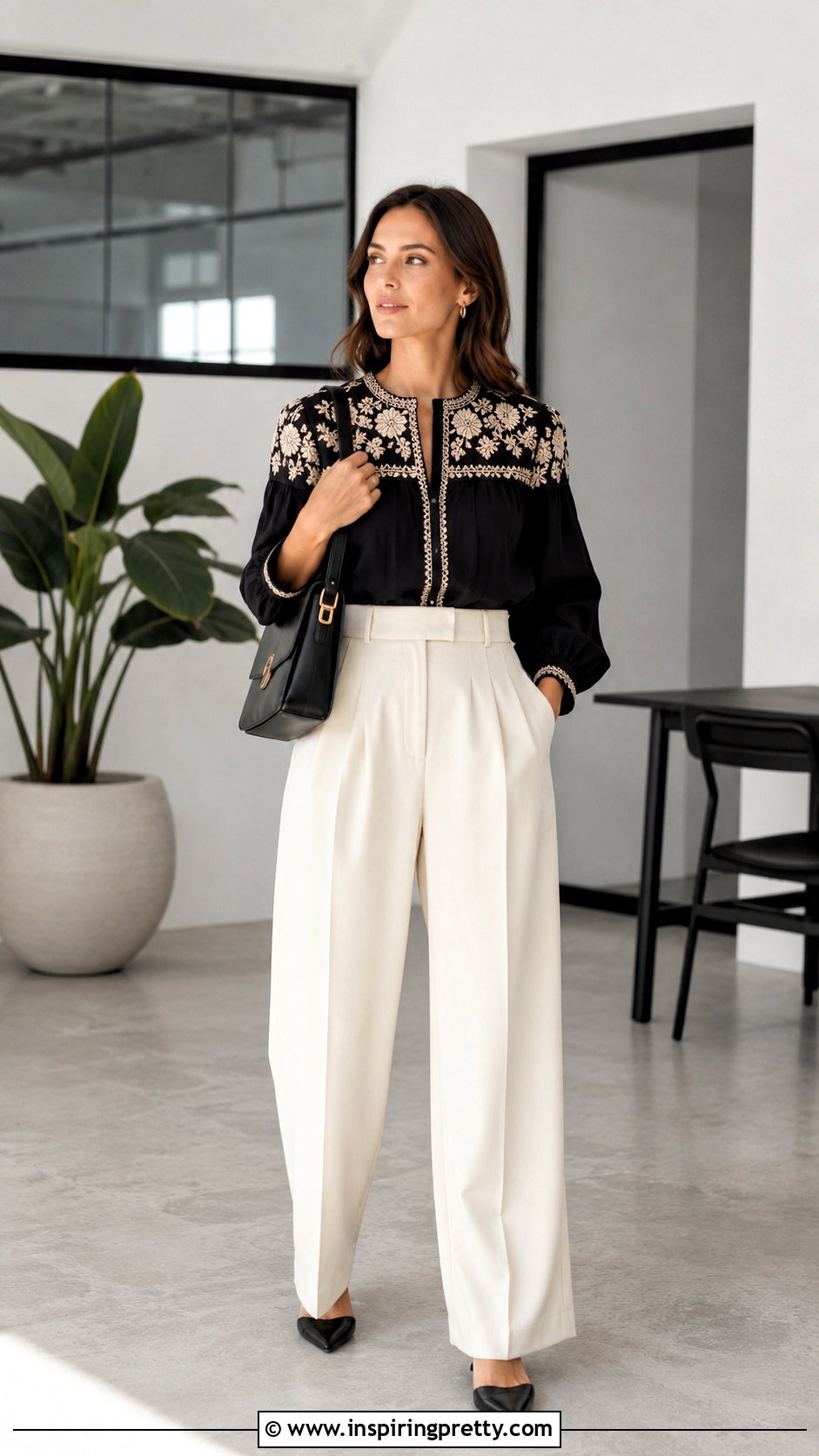 Black Handmade Embroidered Top With Wide Leg Pants - 20 handmade embroidered top outfit ideas