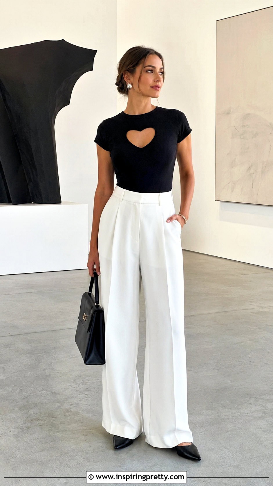 Black Heart Cut Out Top With White Trousers - 20 Black Heart Cut Out Top outfit ideas