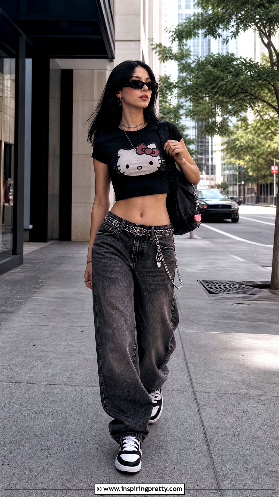 Black Hello Kitty Crop Top With Baggy Jeans - 20 hello kitty crop top aesthetic ideas