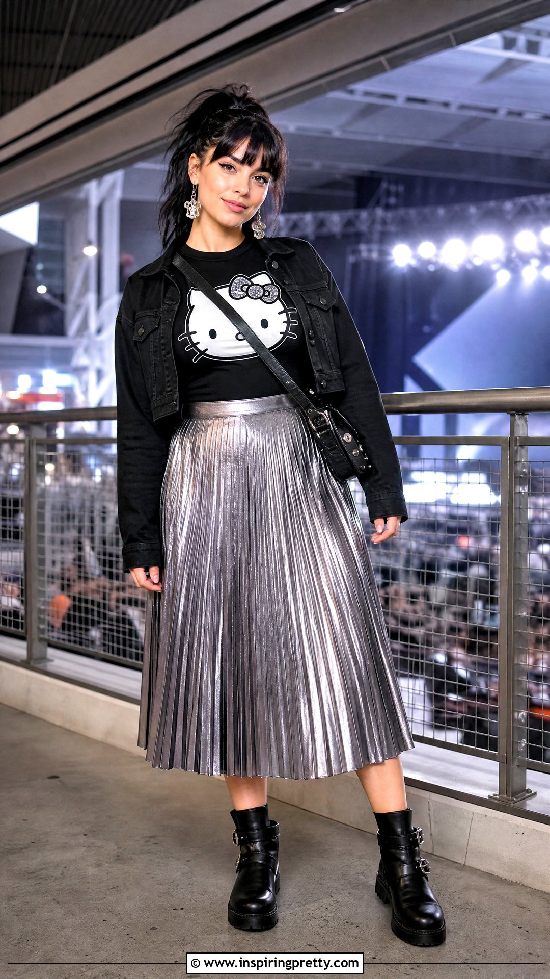 Black Hello Kitty Top With Metallic Midi Skirt - 50 hello kitty top outfit ideas