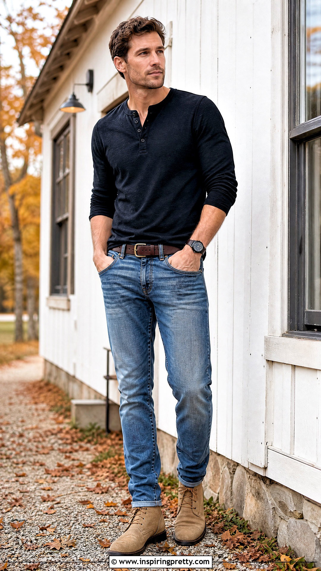 Black Henley Shirt With Faded Jeans And Suede Boots - 25 Black Top With Jeans Men