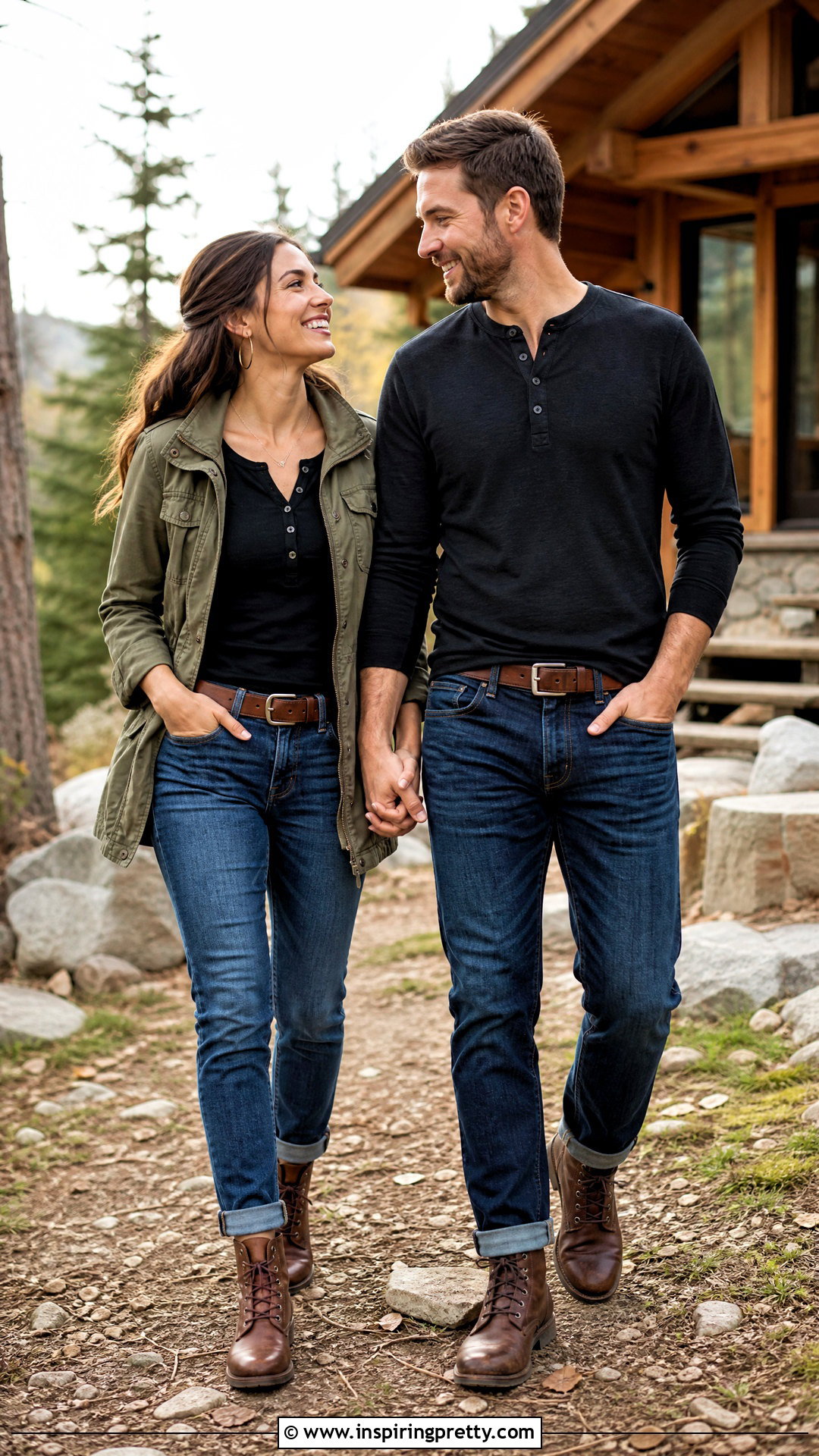 Black Henley Top And Cuffed Jeans Engagement Outfit - 25 black top and jeans engagement photos