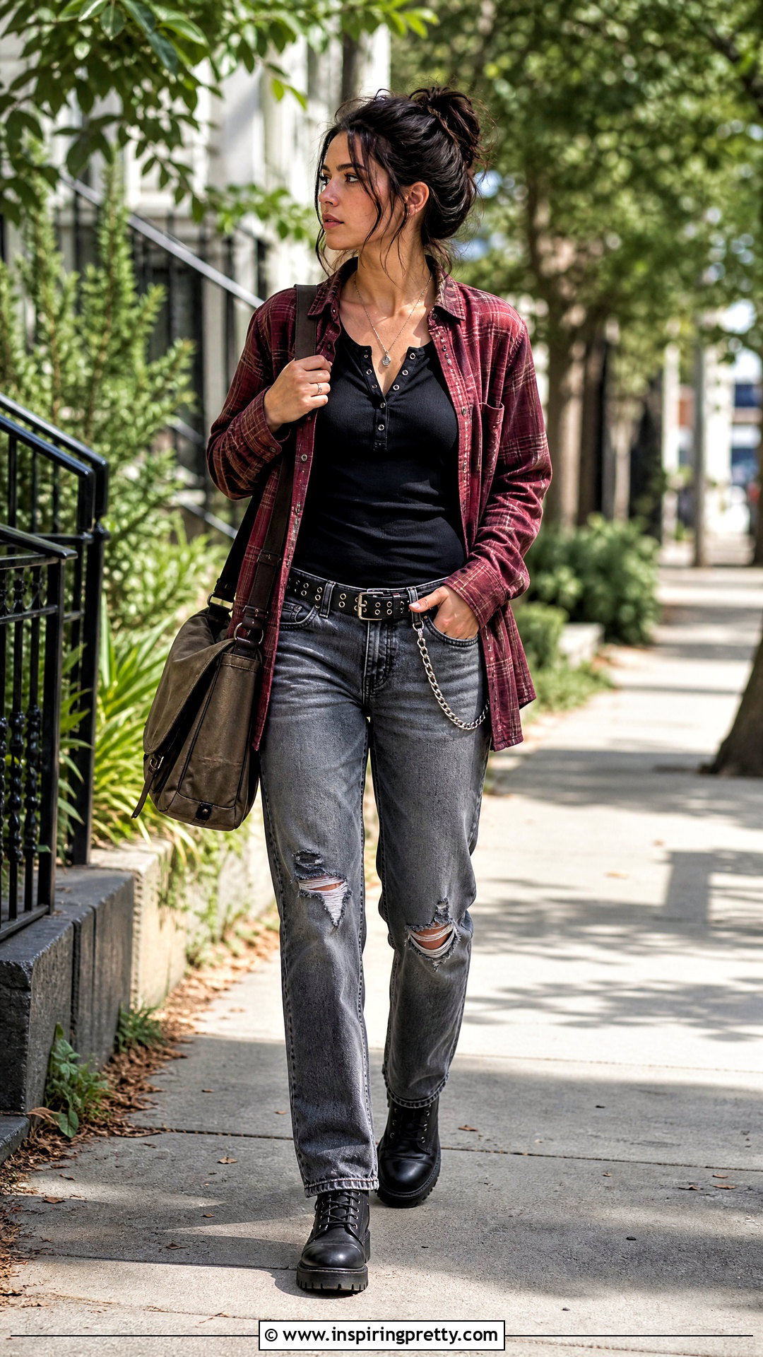 Black Henley Top And Distressed Denim Emo Outfit - 50 emo top outfit ideas