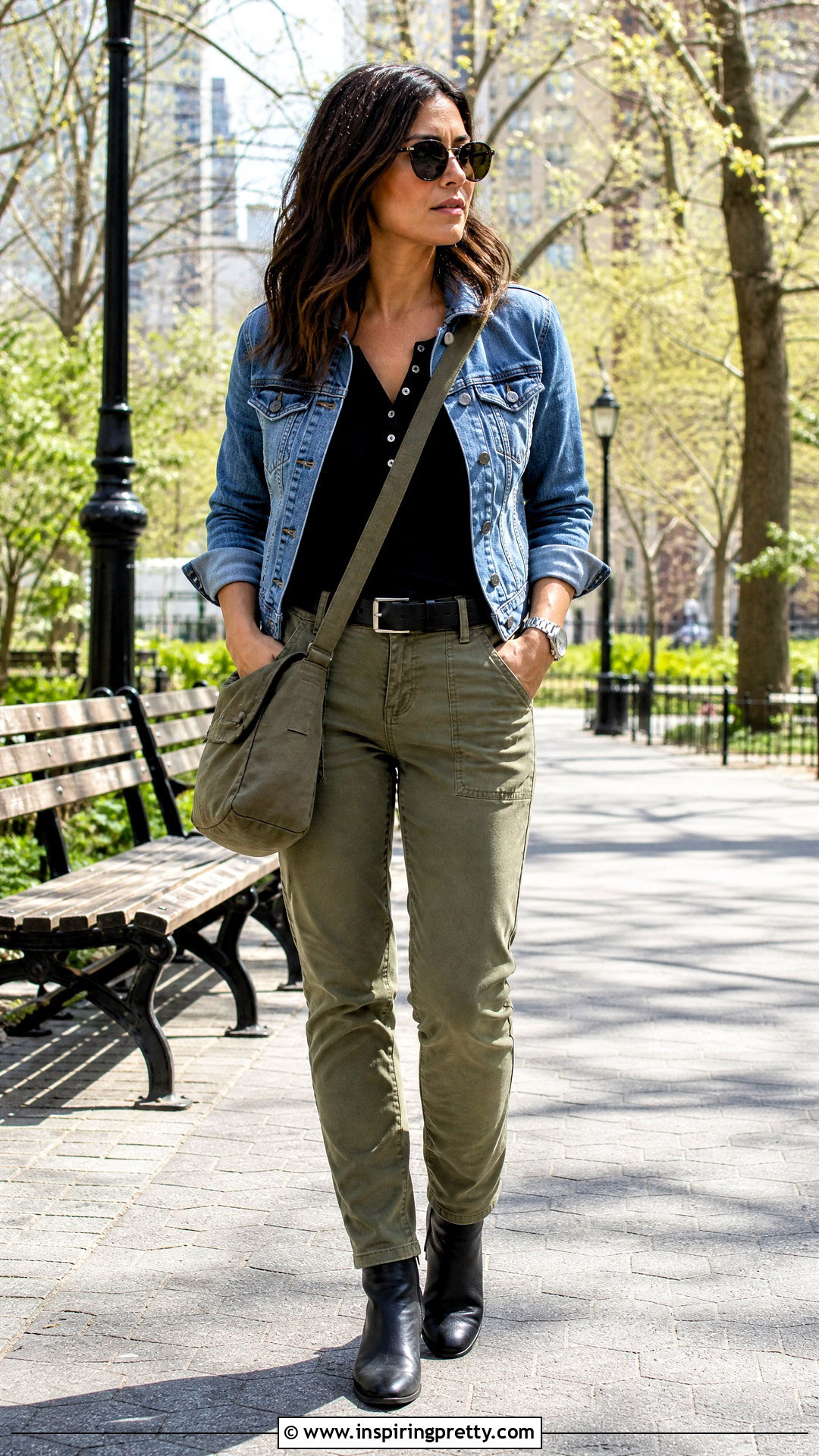 Black Henley Top With Utility Pants - 50 cute basic tops outfit ideas