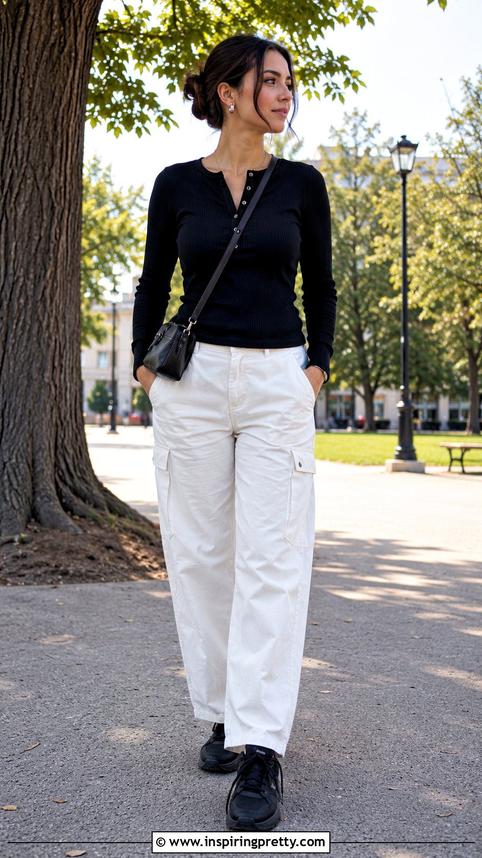 Black Henley Top With White Cargo Pants - 50 black and white top outfit ideas