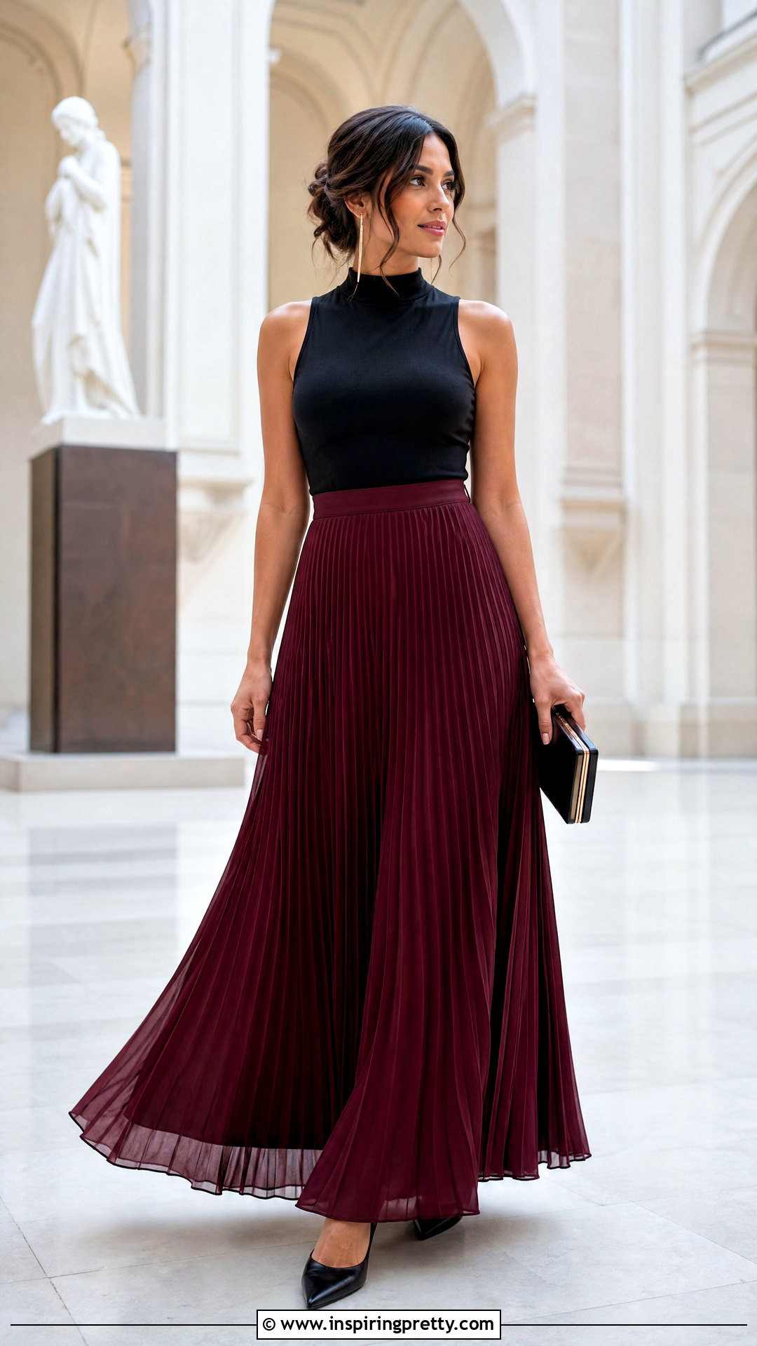 Black High Neck Evening Top With Pleated Maxi Skirt - 20 black evening wear top outfit ideas