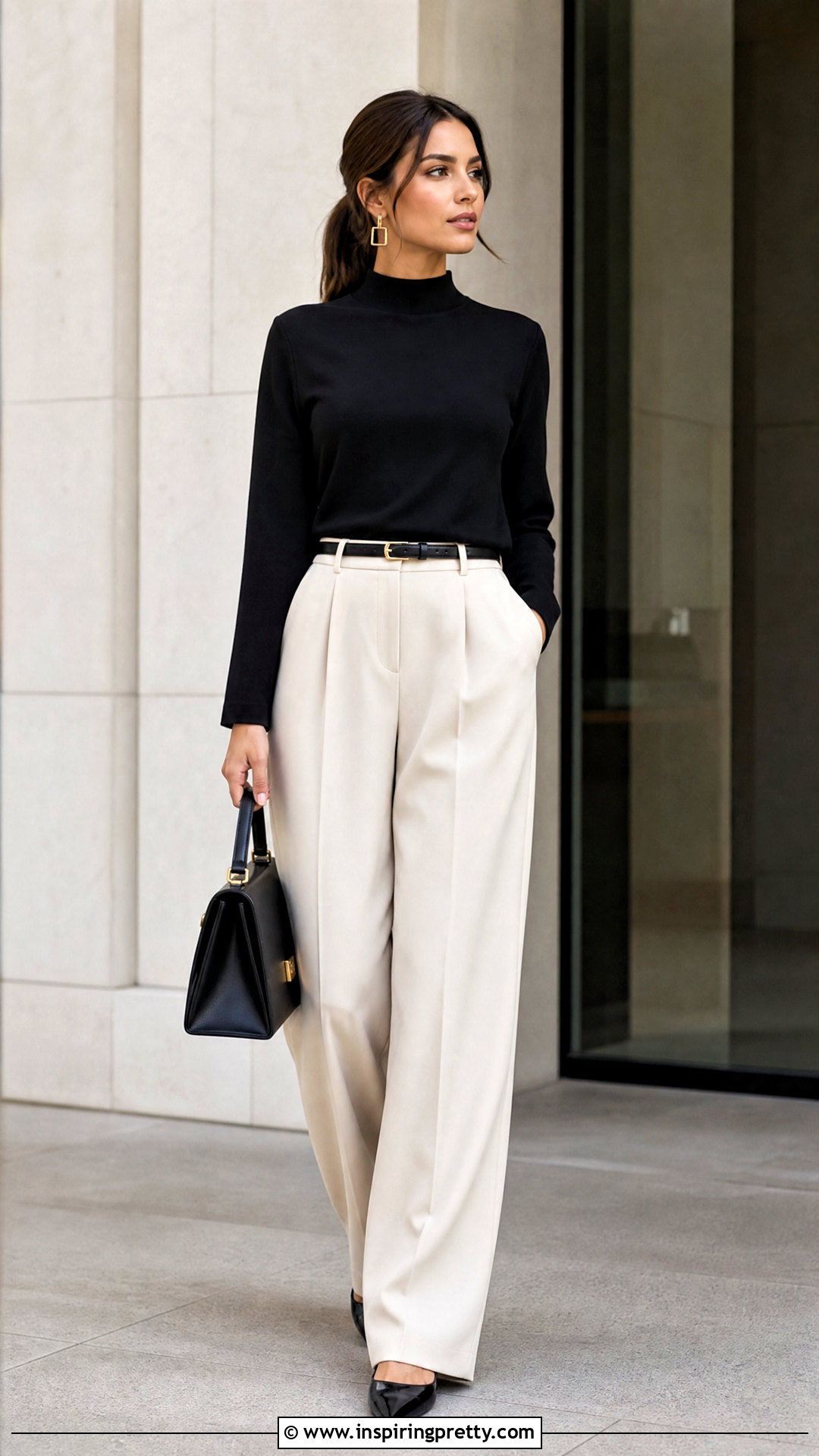 Black High Neck Top With Wide Leg Trousers - 50 high neck top outfit ideas