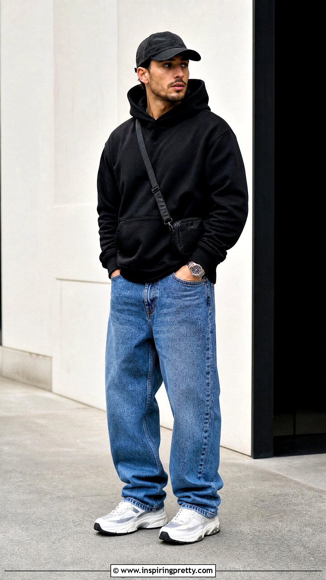 Black Hoodie With Relaxed Jeans And Chunky Sneakers - 25 Black Top With Jeans Men