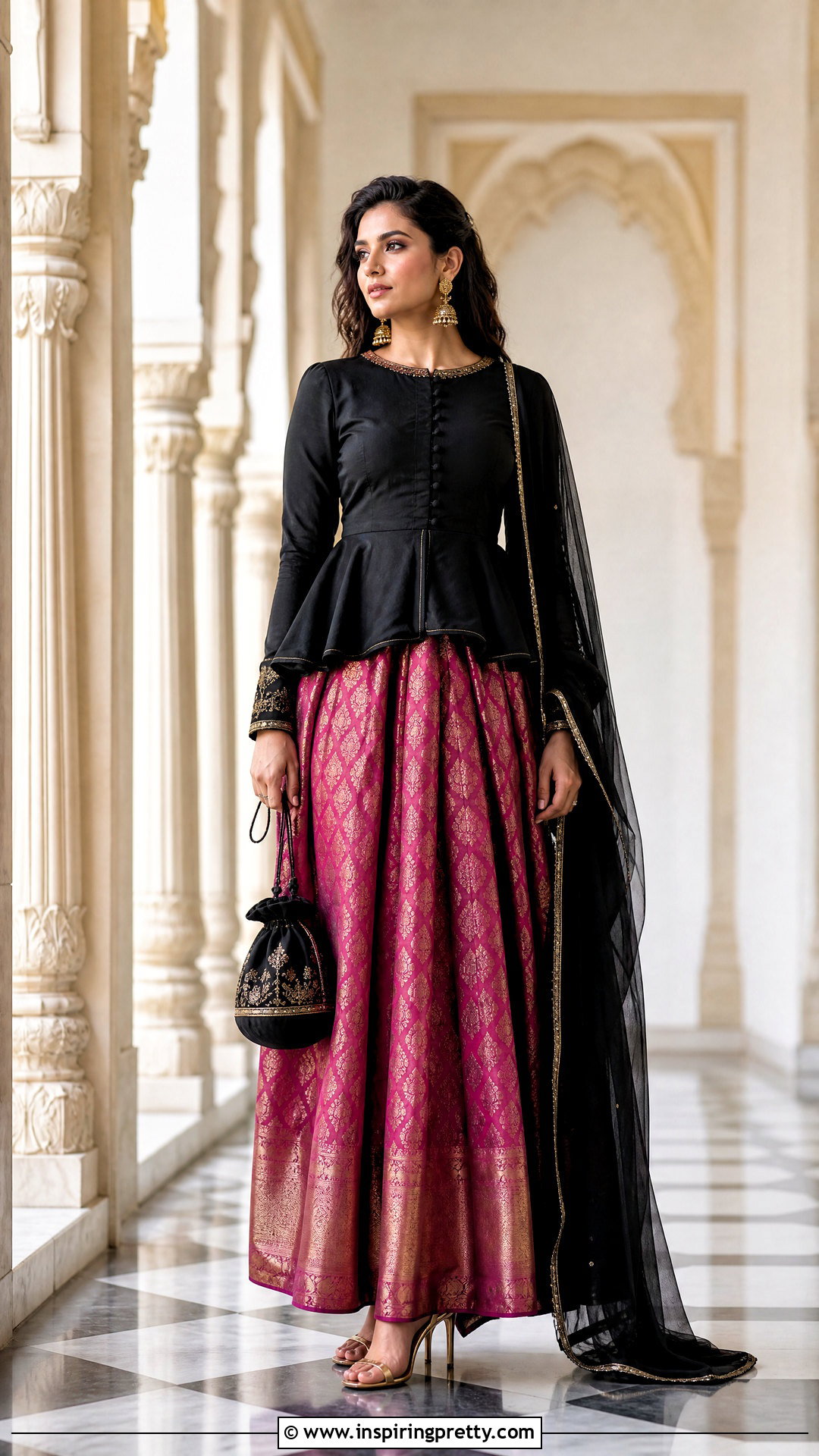 Black Indian Peplum Top With Banarasi Skirt - 50 indian peplum top outfits