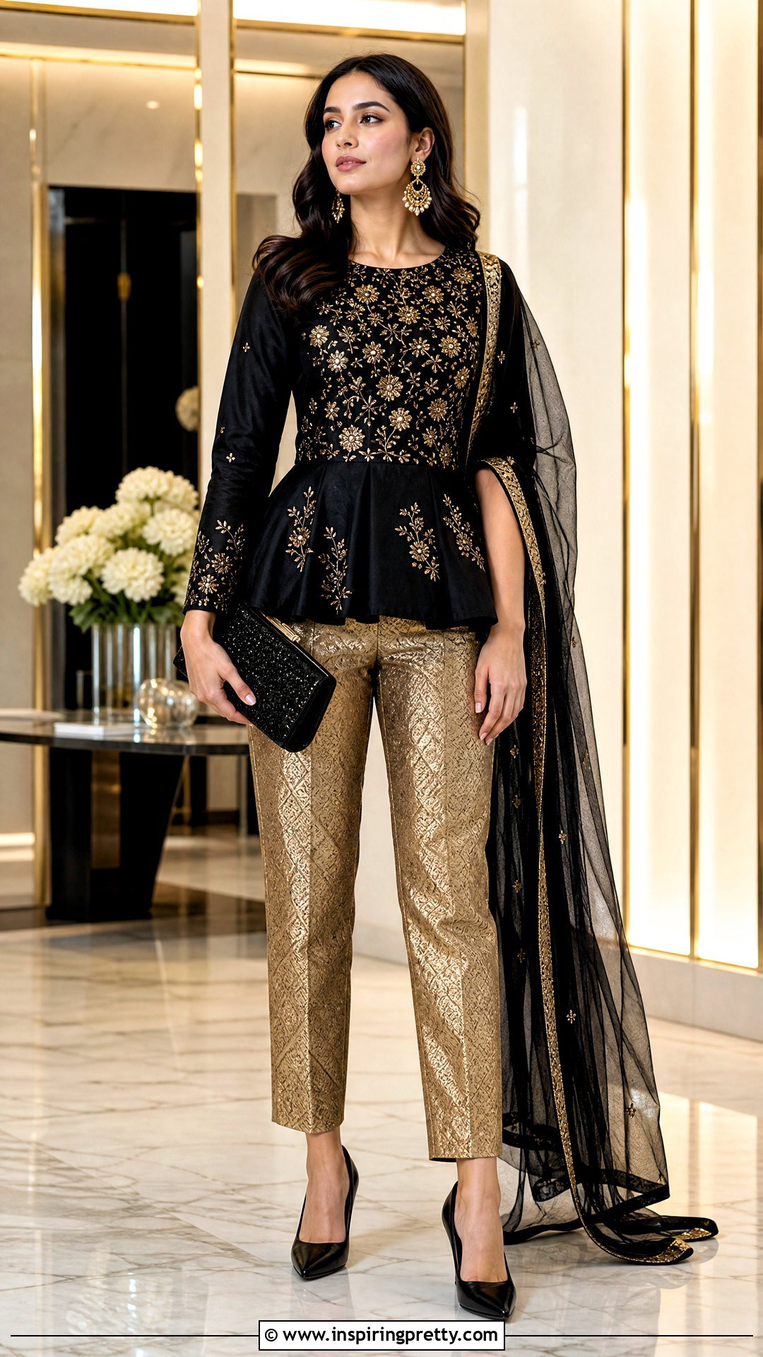 Black Indian Peplum Top With Gold Cigarette Pants - 50 indian peplum top outfits