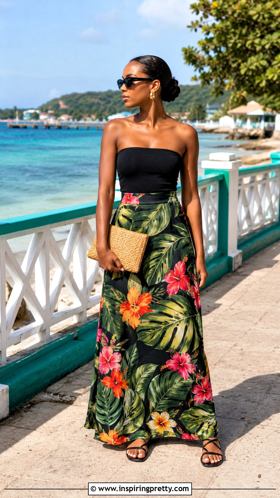 Black Jamaica Tube Top With Tropical Maxi Skirt - 20 jamaica tube top outfit ideas