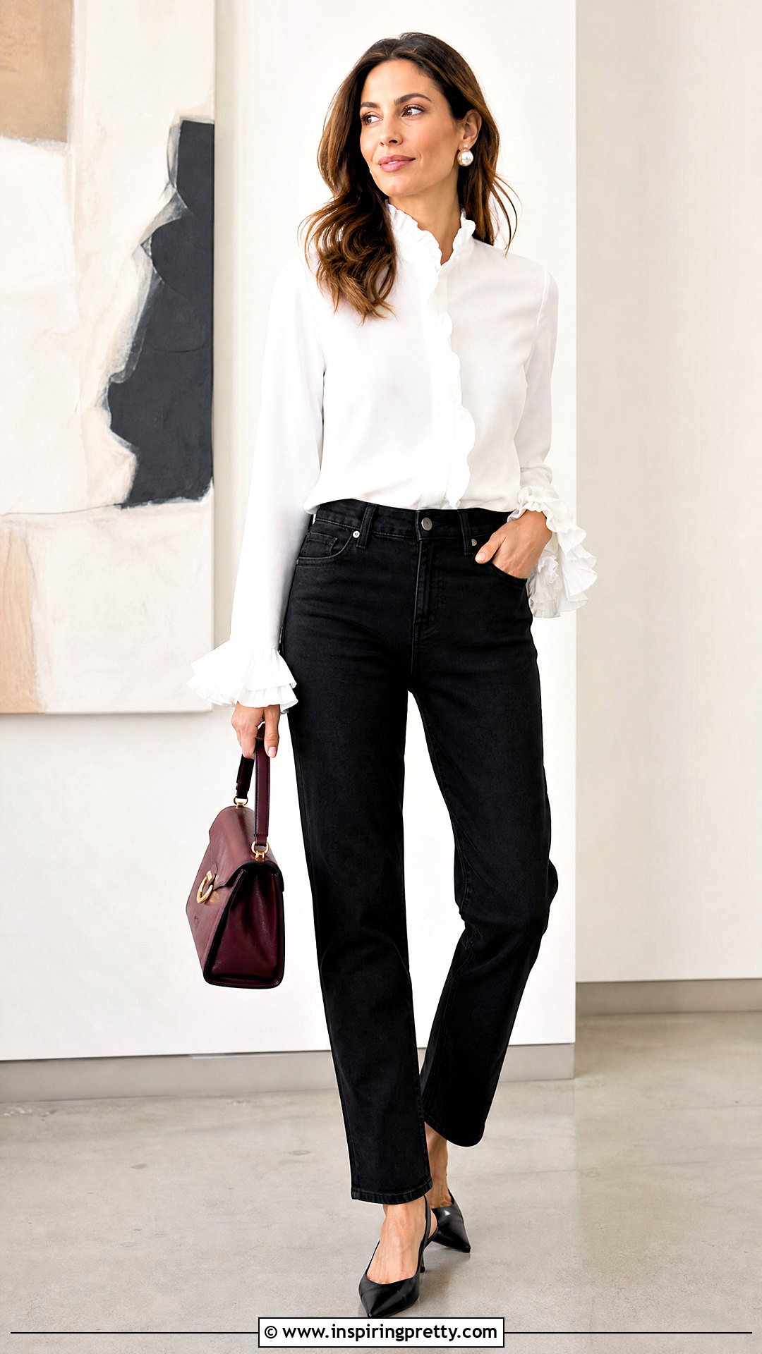 Black Jeans And A White Ruffle Blouse - 50 jeans and a nice top