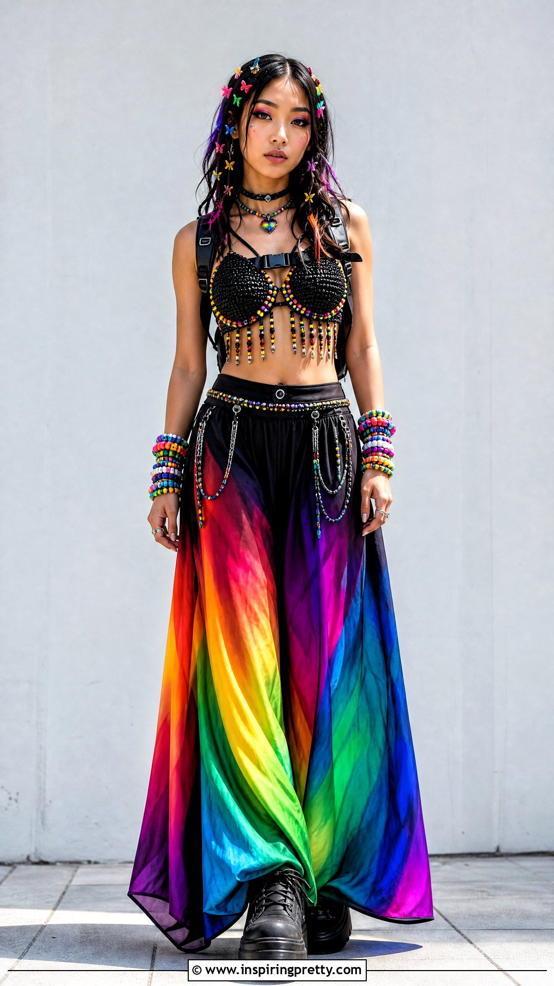 Black Kandi Top With Rainbow Wide Leg Pants - 50 kandi top outfit ideas