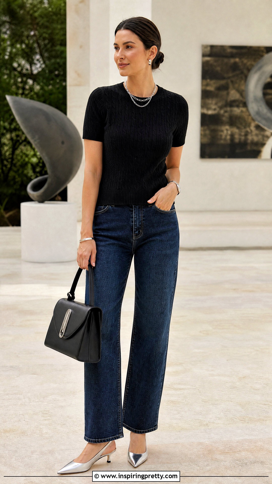 Black Knit Top And Blue Jeans With Metallic Shoes - 50 blue jeans black top outfit ideas