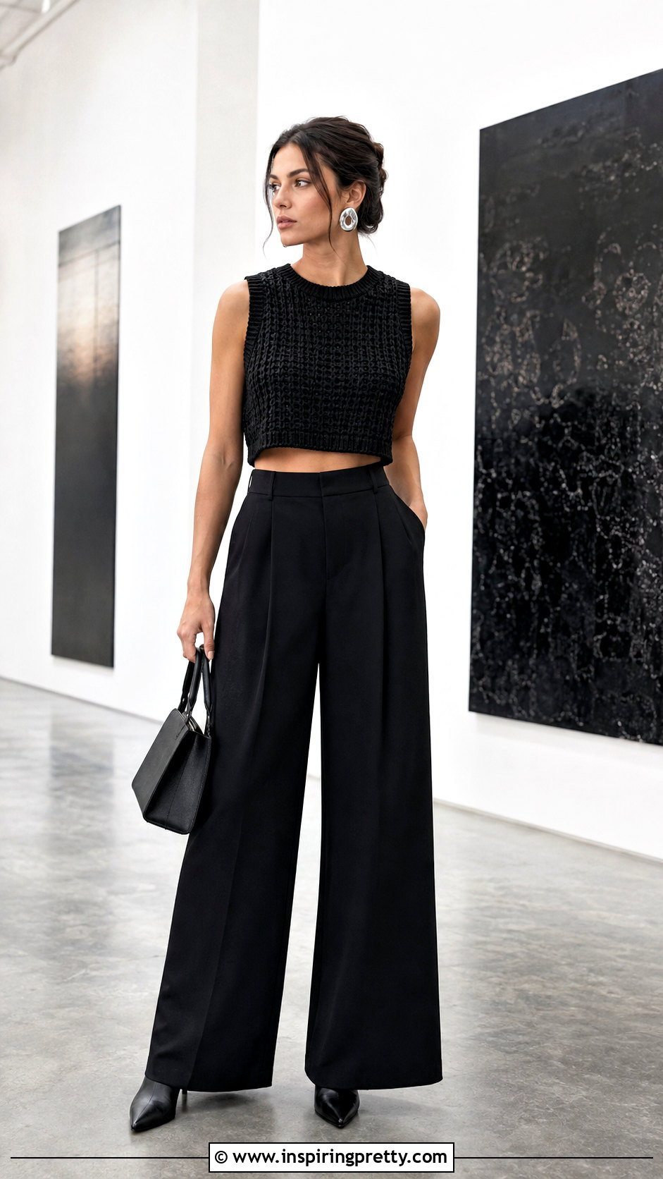 Black Knitted Crop Top With Black Trousers - 50 knitted crop top outfit ideas