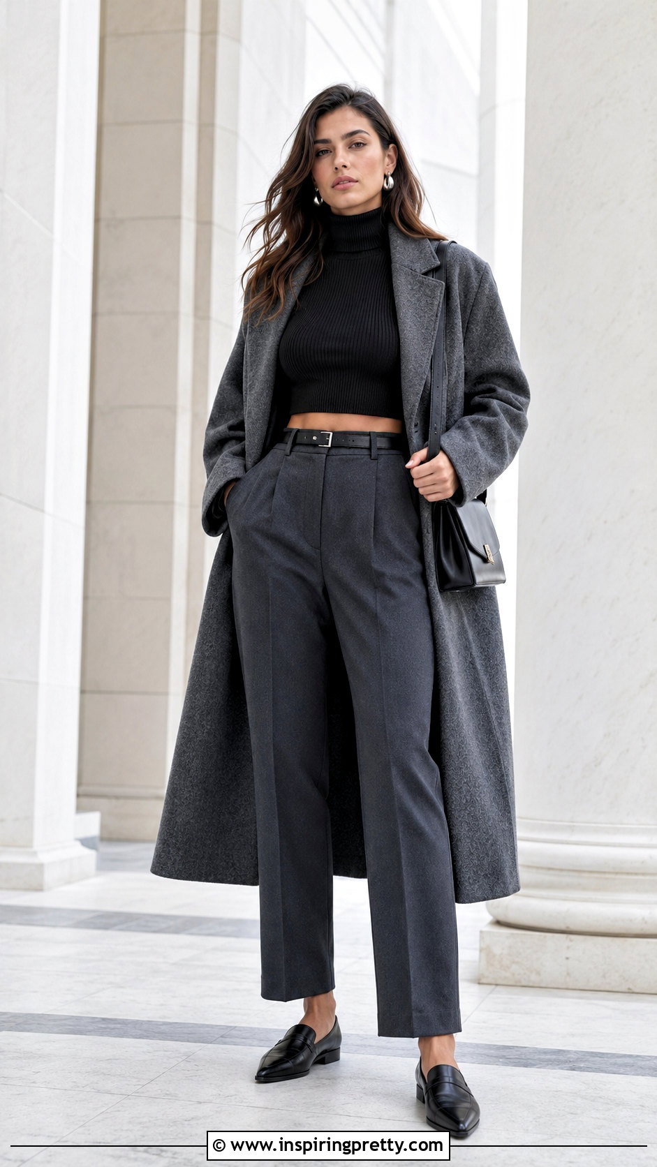 Black Knitted Turtleneck Crop Top With Gray Trousers - 20 Knitted Turtleneck Crop Top outfit ideas