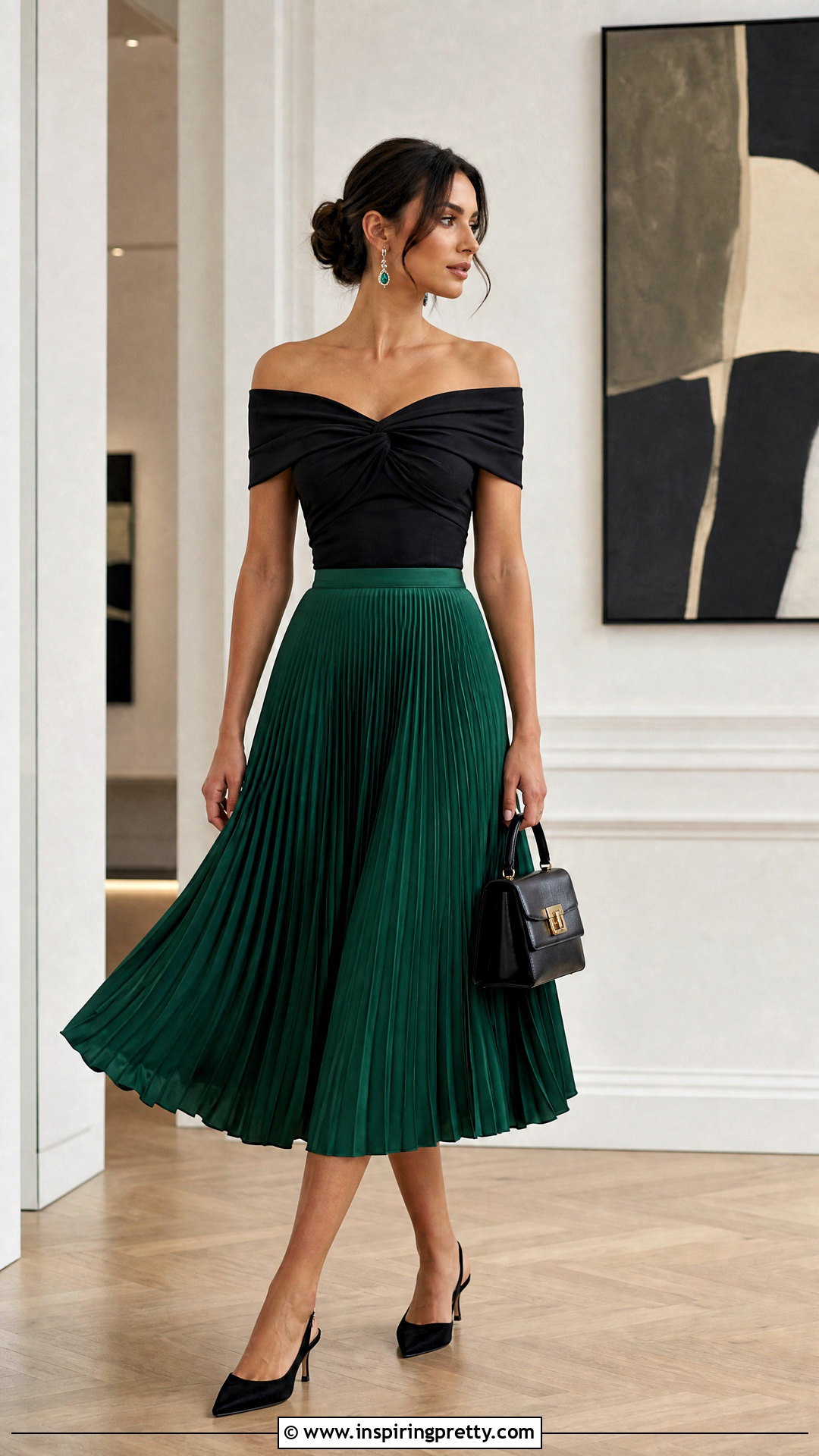 Black Knot Off The Shoulder Top With A Pleated Skirt - 20 Knot Off The Shoulder Top outfit ideas