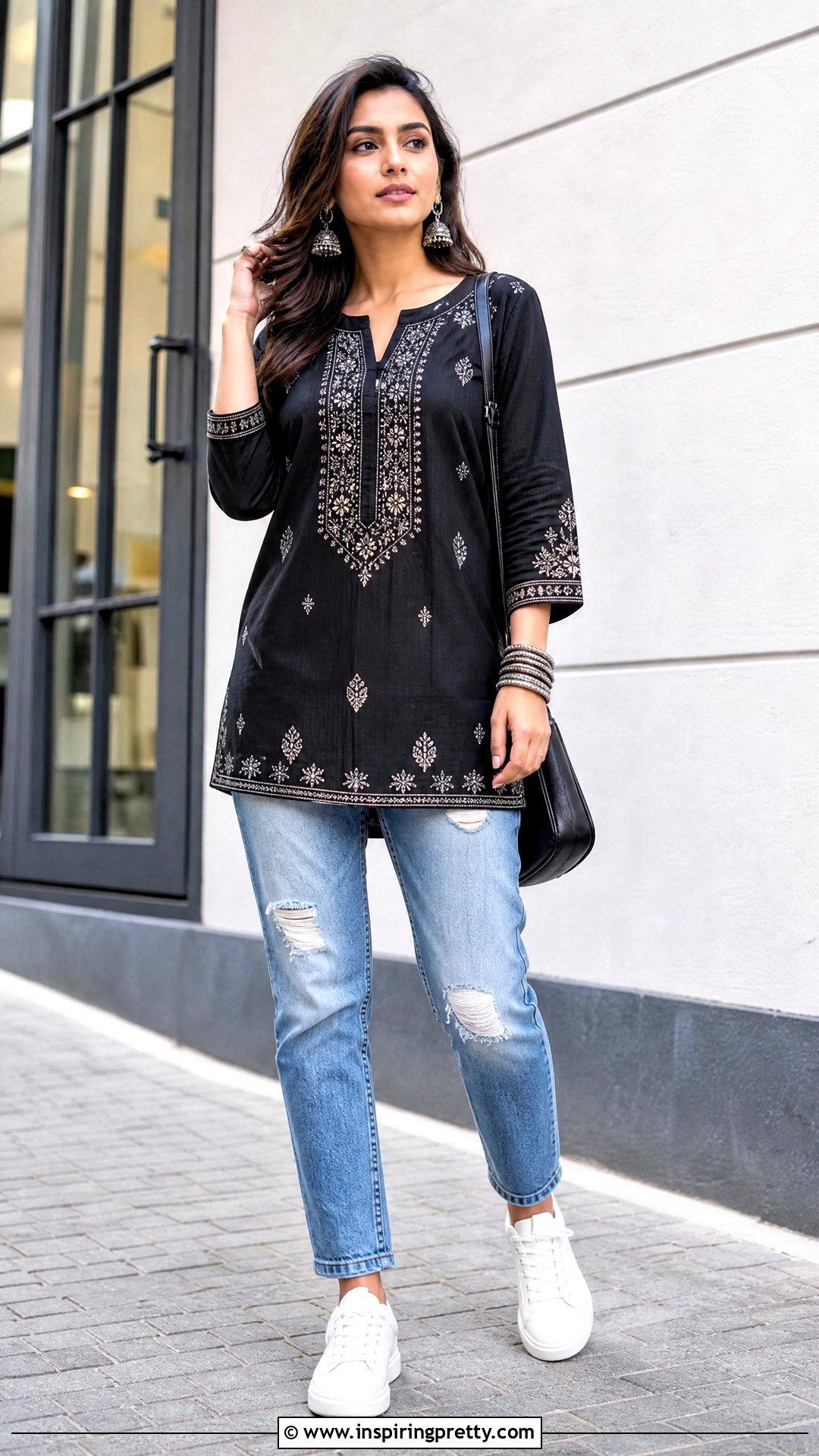 Black Kurti Top With Distressed Jeans - 50 kurti top outfit ideas