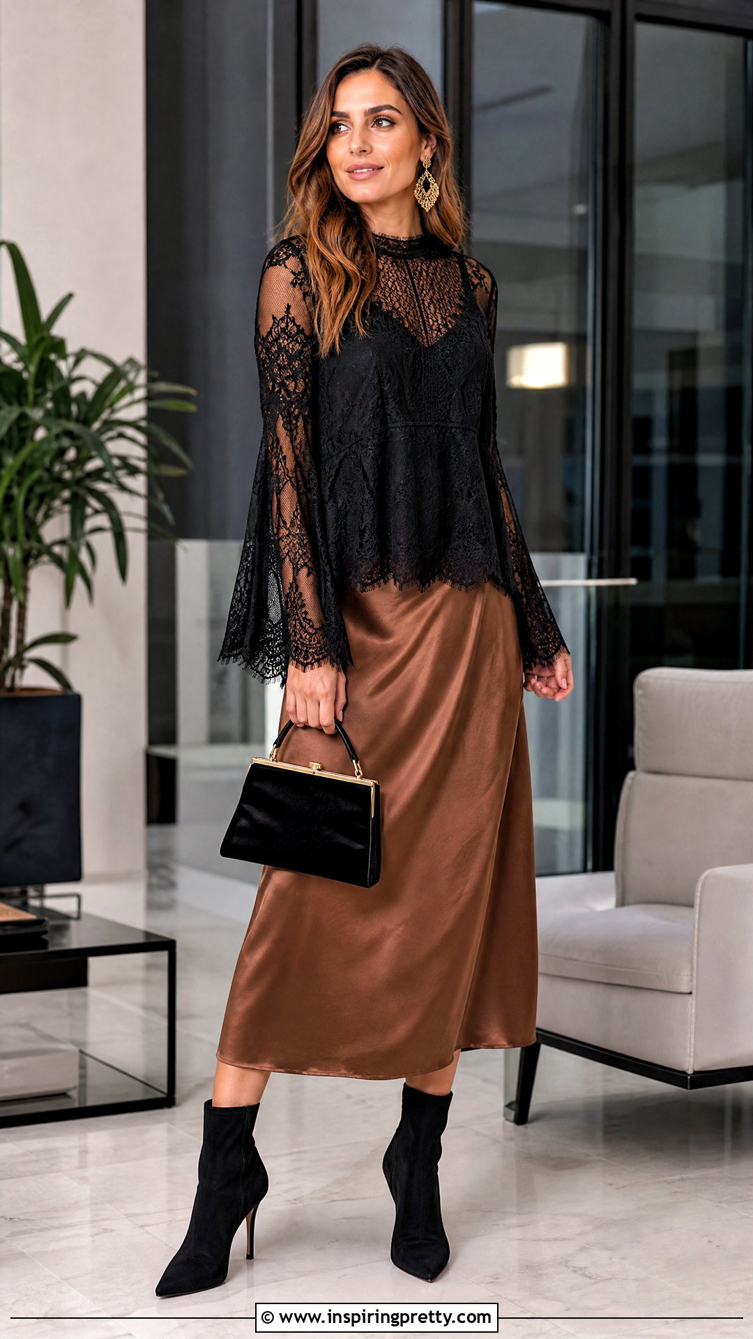 Black Lace Boho Going Out Top With Satin Midi Skirt - 25 boho going out tops outfit ideas
