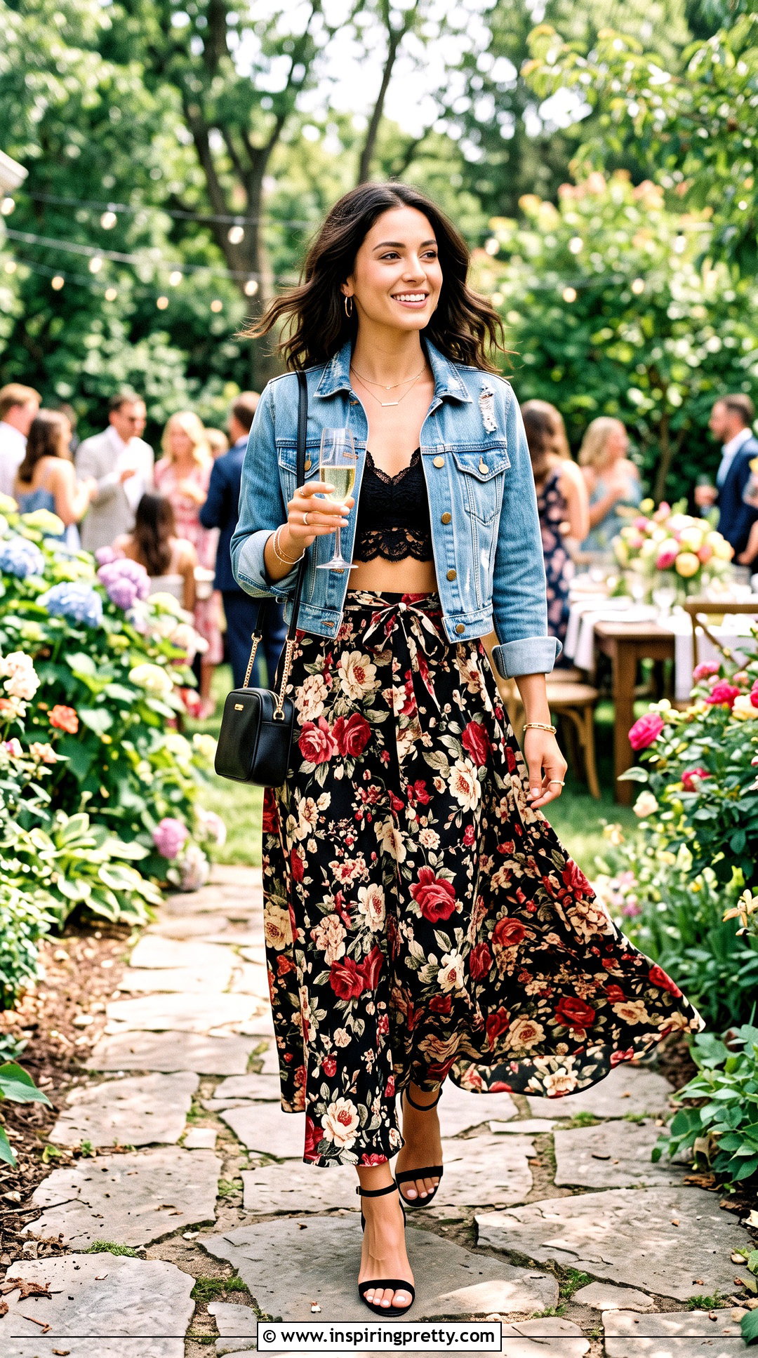 Black Lace Bralette Crop Top With Floral Maxi Skirt - 20 black lace bralette crop top outfit ideas