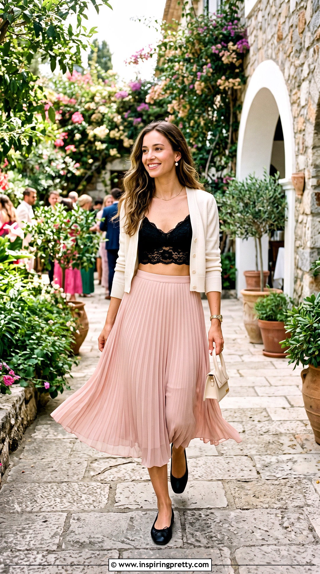 Black Lace Bralette Crop Top With Pleated Midi Skirt - 20 black lace bralette crop top outfit ideas