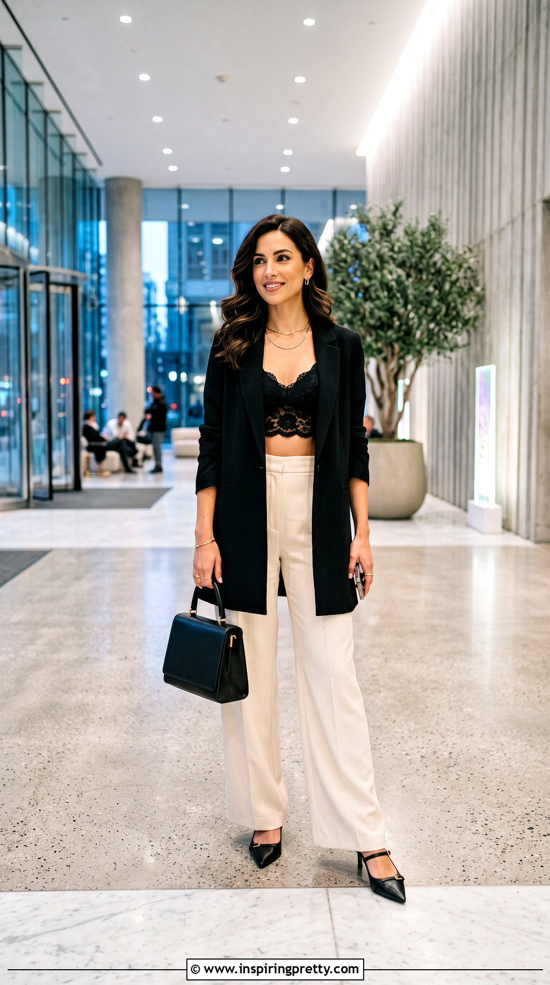 Black Lace Bralette Crop Top With Wide Leg Trousers - 20 black lace bralette crop top outfit ideas