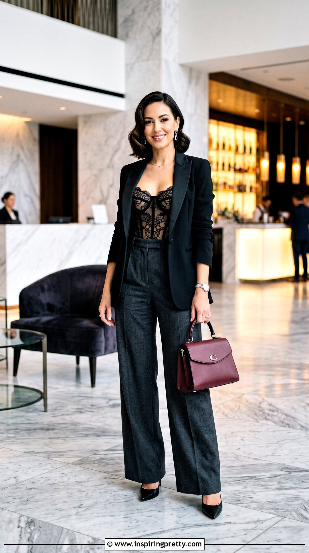 Black Lace Bustier Corset Top With Wide Leg Trousers - 25 Lace Bustier Corset Top outfit ideas