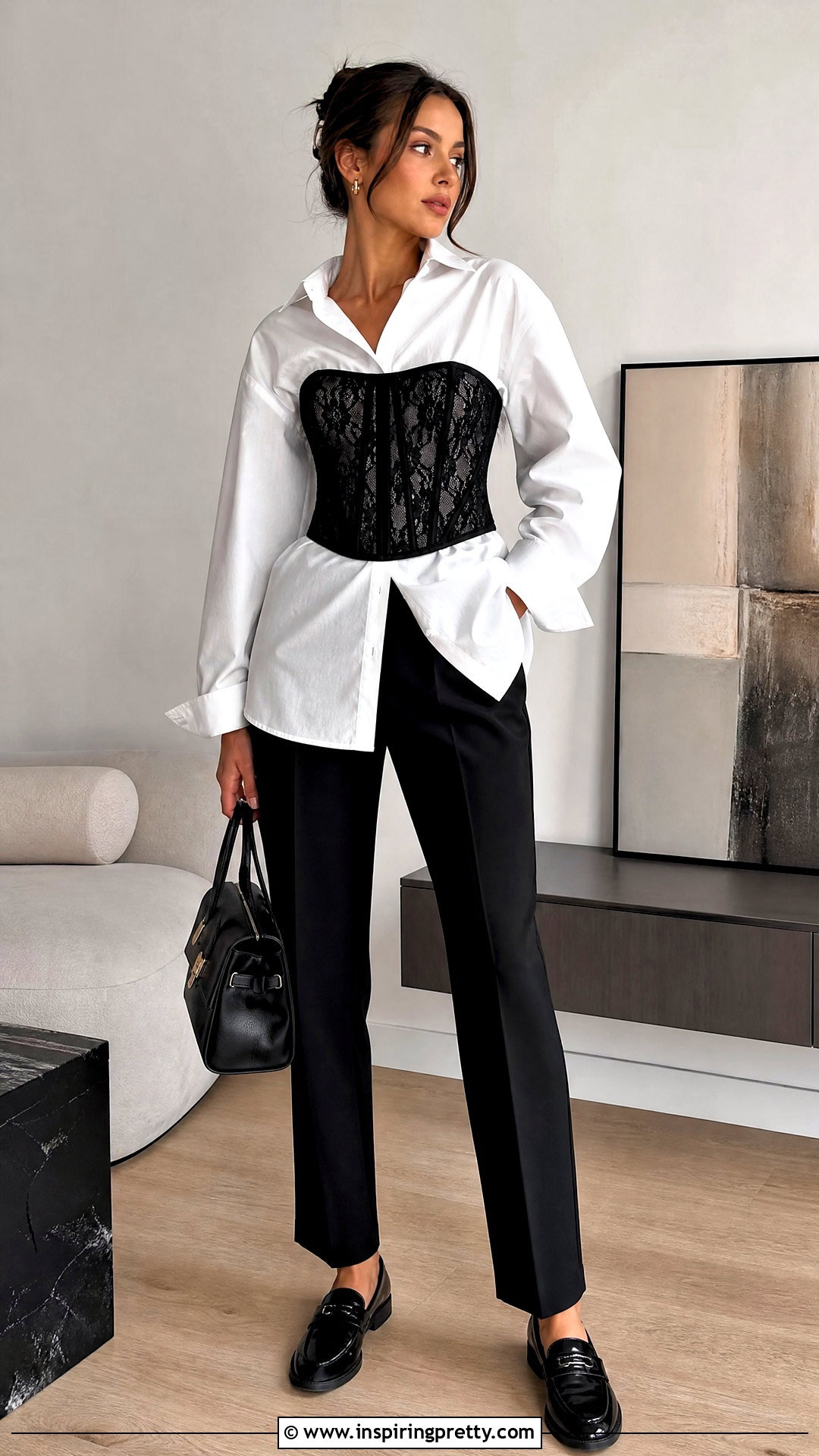 Black Lace Corset Crop Top Over White Button Down Shirt - 25 lace corset crop top outfit ideas