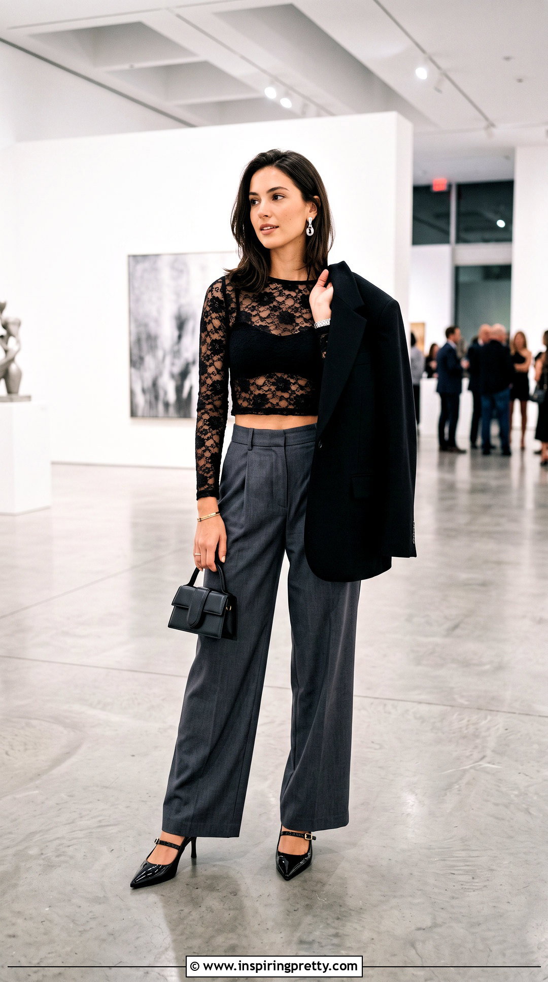 Black Lace Crop Top With Wide Leg Trousers - 20 Lace Crop Top Fashion ideas