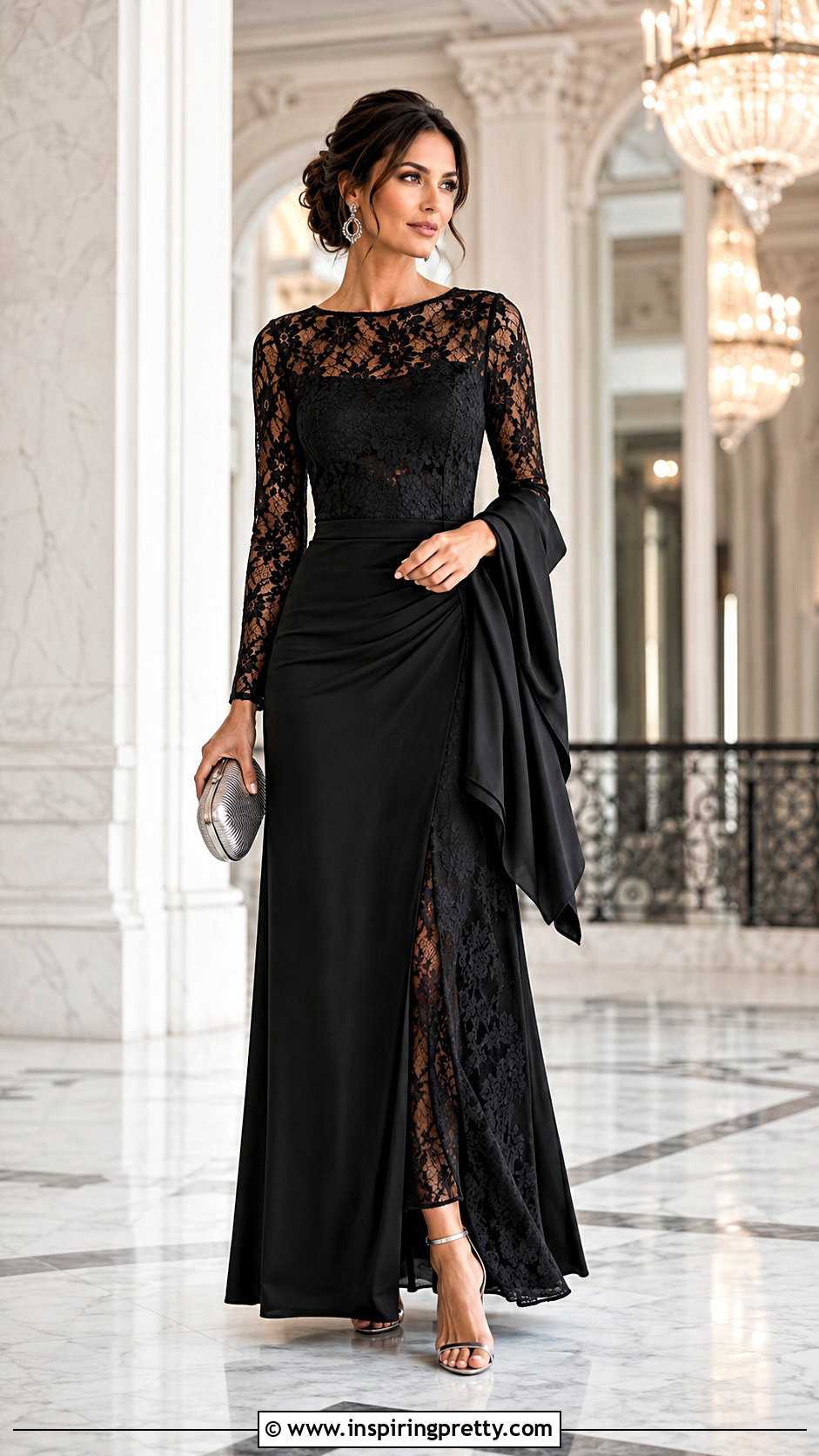 Black Lace Formal Skirt Set With Silver Accessories - 20 black lace skirt and top set outfits