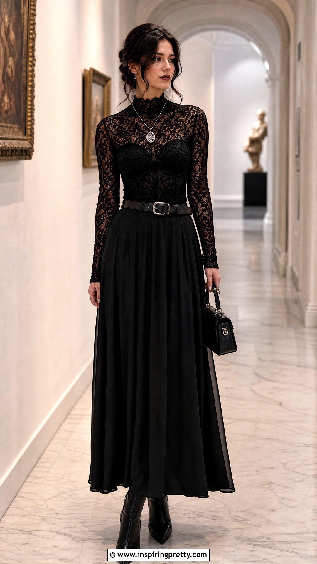 Black Lace Goth Top With Maxi Skirt - 50 goth tops outfit ideas