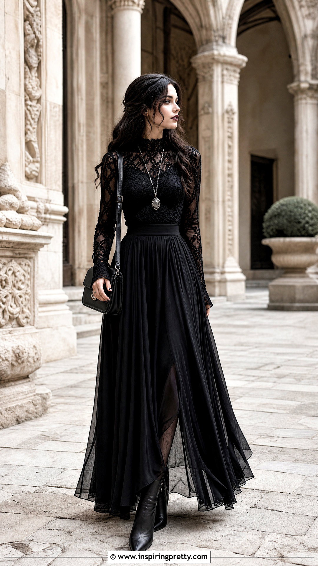 Black Lace Gothic Top With Maxi Skirt - 50 gothic tops outfit ideas