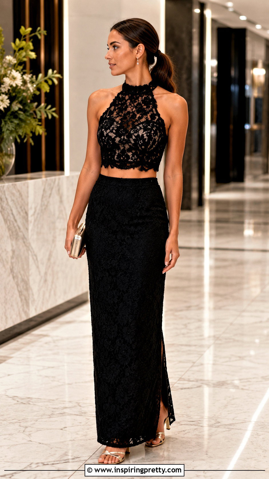 Black Lace Halter Top And Column Maxi Skirt Set - 20 black lace skirt and top set outfits