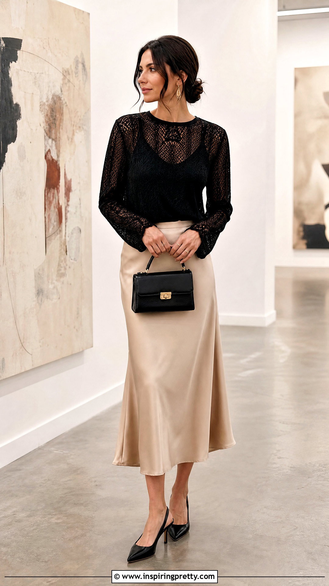 Black Lace Knit Top With Satin Midi Skirt - 20 Lace Knit Top Style outfit ideas