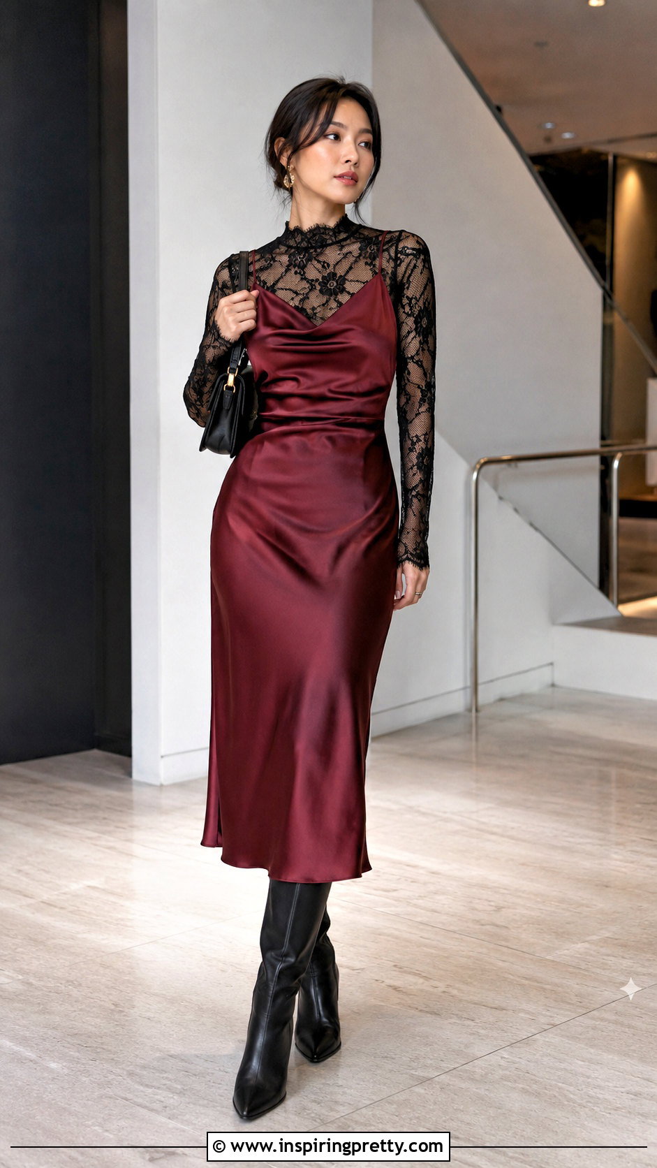 Black Lace Long Sleeve Top Under A Slip Dress - 50 lace long sleeve top outfit ideas