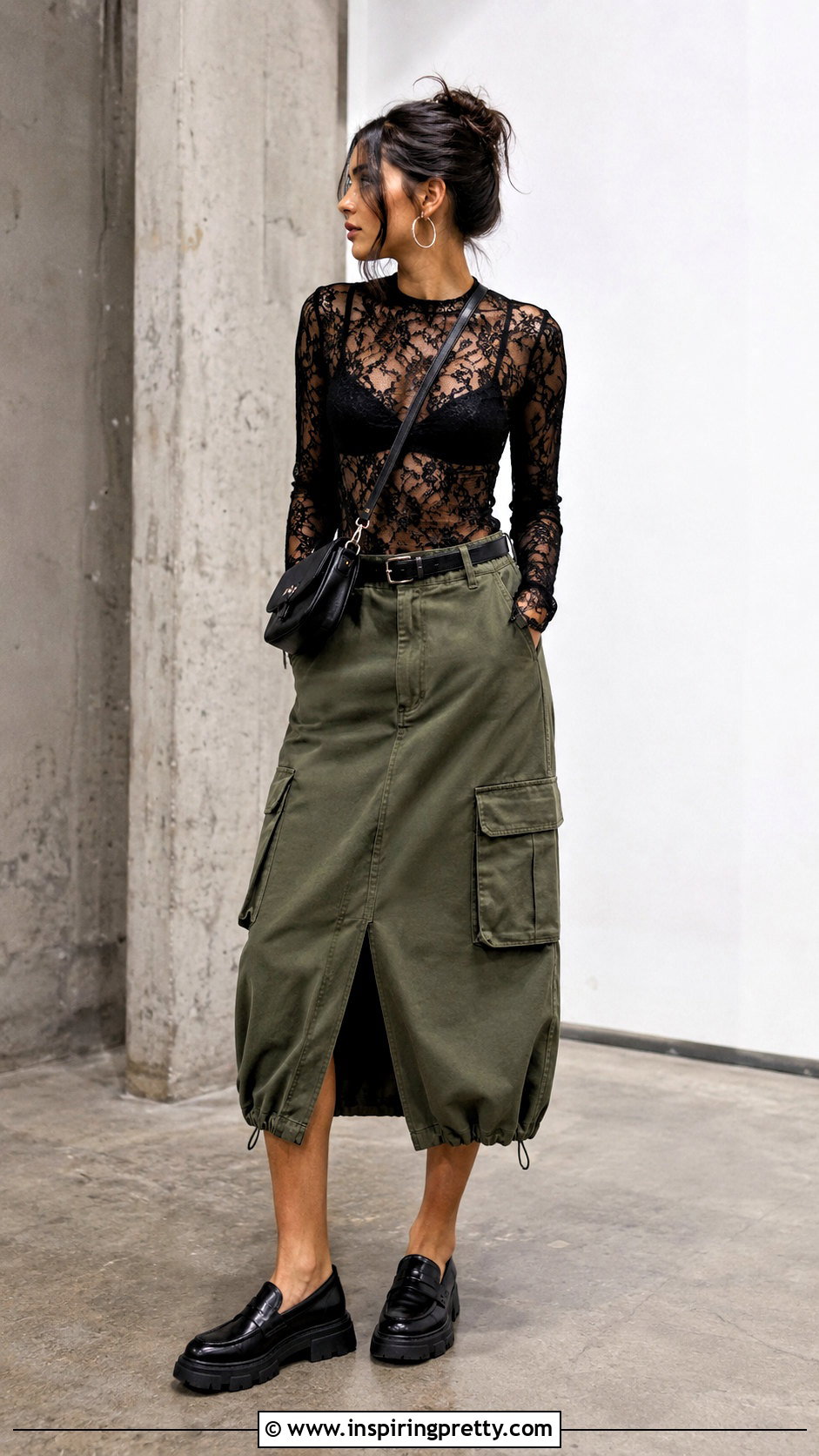 Black Lace Long Sleeve Top With Cargo Midi Skirt - 50 lace long sleeve top outfit ideas