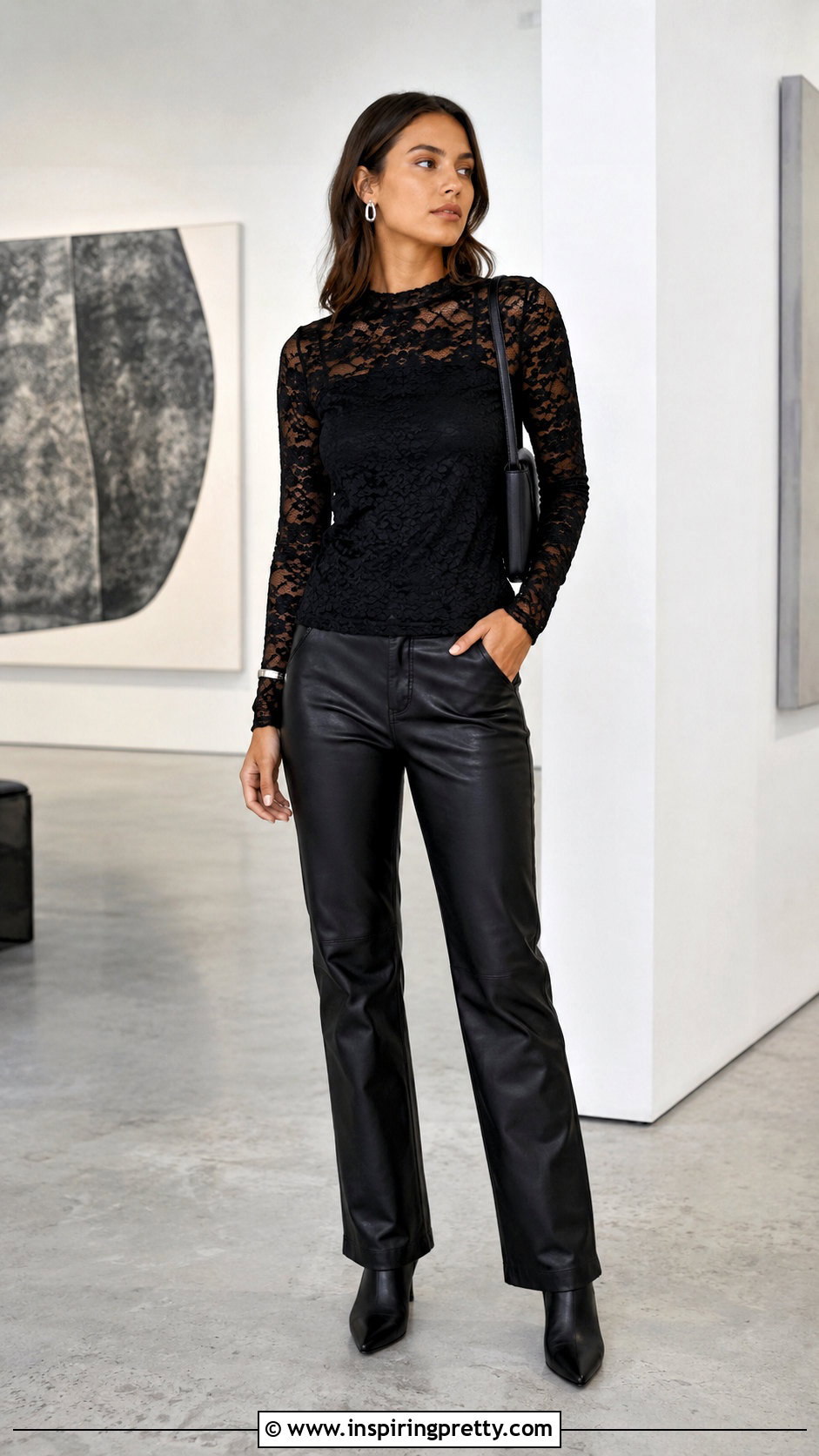 Black Lace Long Sleeve Top With Faux Leather Pants - 50 lace long sleeve top outfit ideas