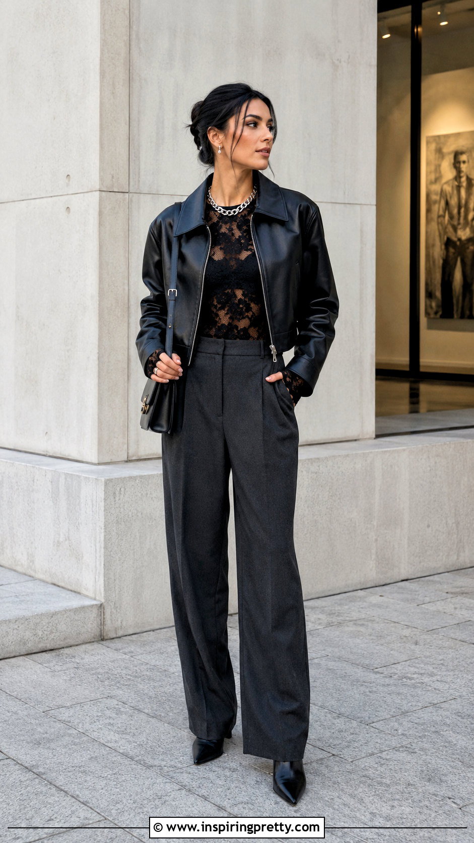 Black Lace Long Sleeve Top With Leather Jacket And Trousers - 50 lace long sleeve top outfit ideas