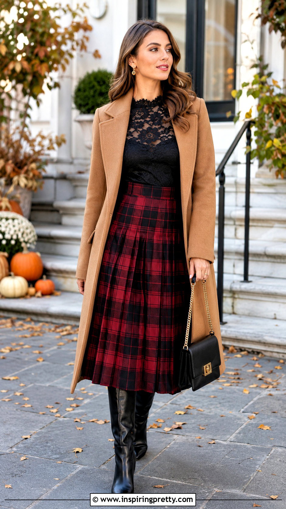 Black Lace Long Sleeve Top With Plaid Midi Skirt - 50 lace long sleeve top outfit ideas