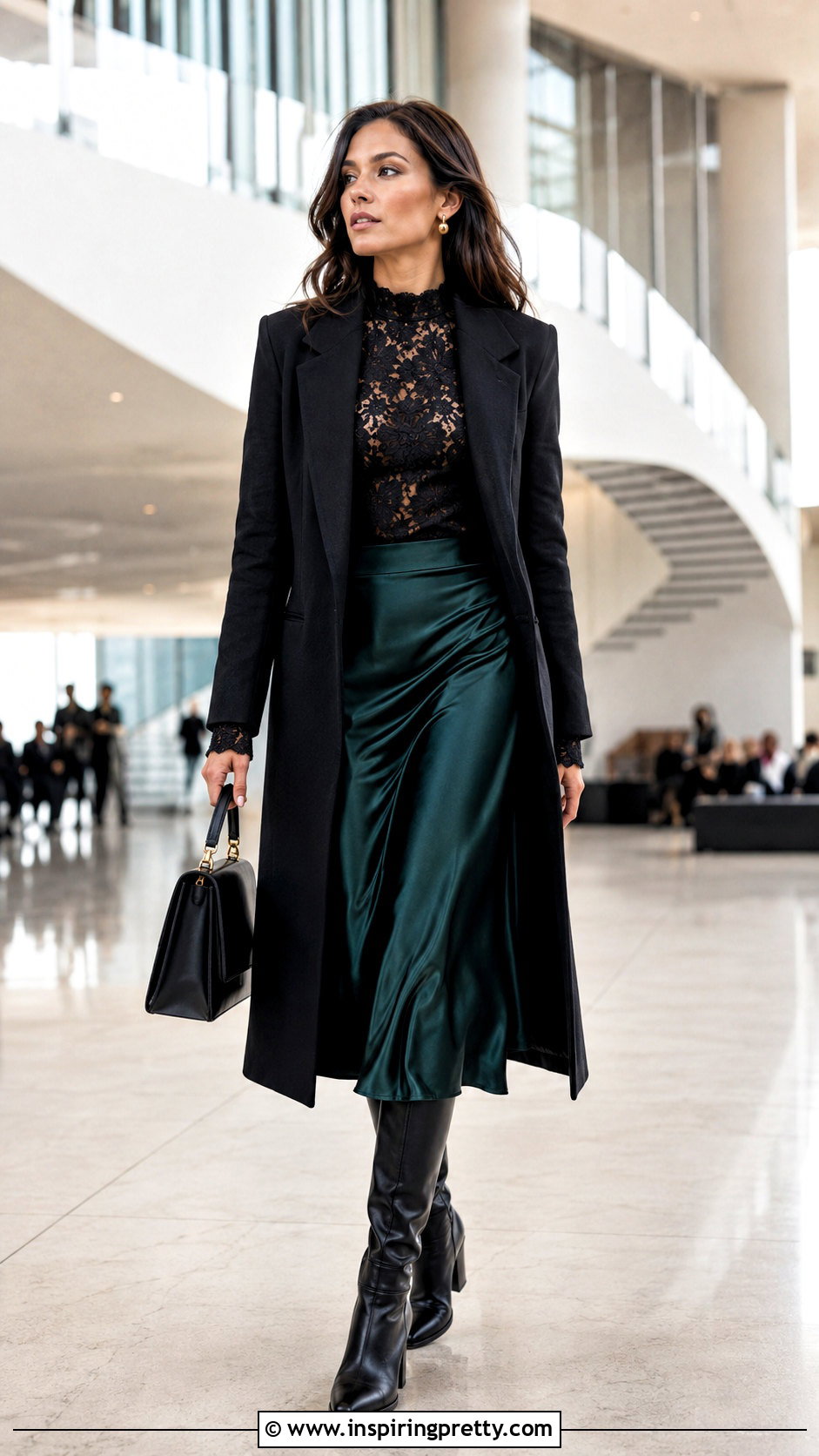 Black Lace Long Sleeve Top With Skirt And Knee High Boots - 50 lace long sleeve top outfit ideas