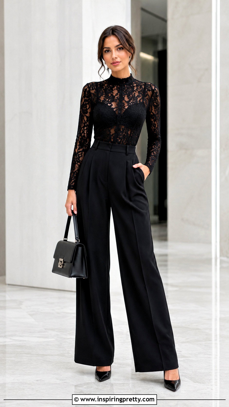 Black Lace Long Sleeve Top With Wide Leg Trousers - 50 lace long sleeve top outfit ideas