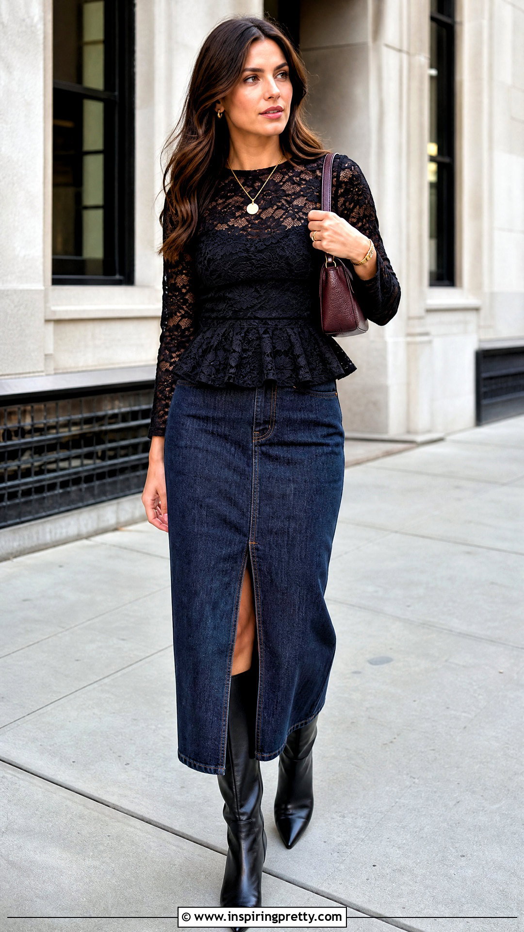 Black Lace Peplum Top With Denim Midi Skirt And Boots - 25 Black Lace Peplum Top outfit ideas