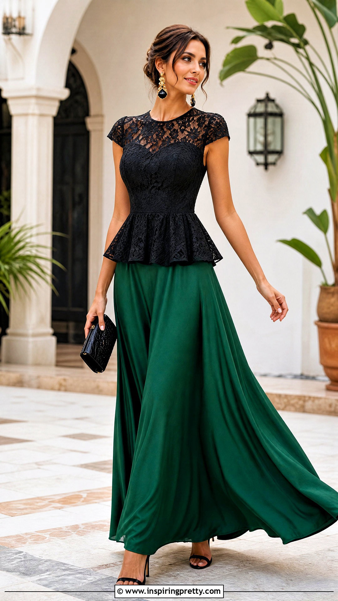 Black Lace Peplum Top With Flowing Maxi Skirt And Sandals - 25 Black Lace Peplum Top outfit ideas