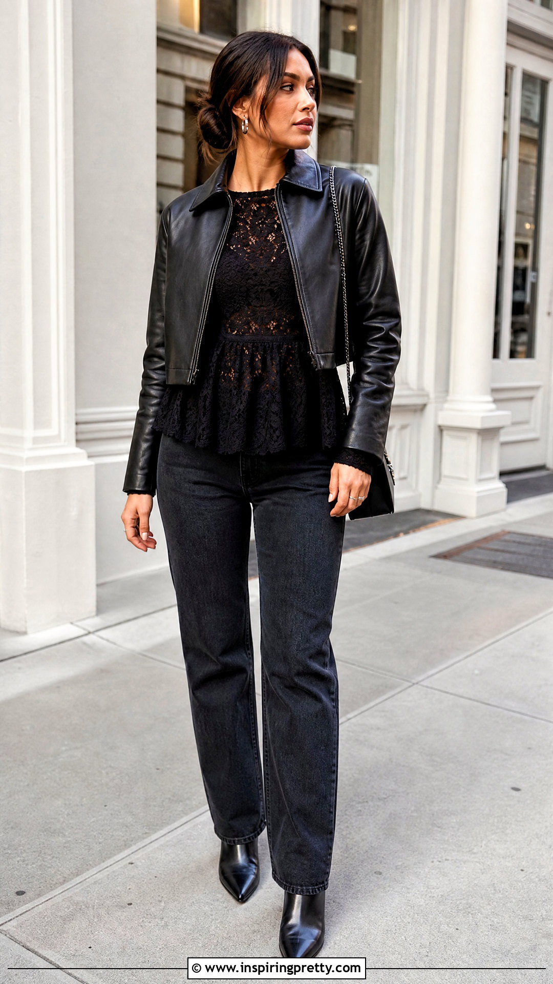 Black Lace Peplum Top With Leather Jacket And Jeans - 25 Black Lace Peplum Top outfit ideas