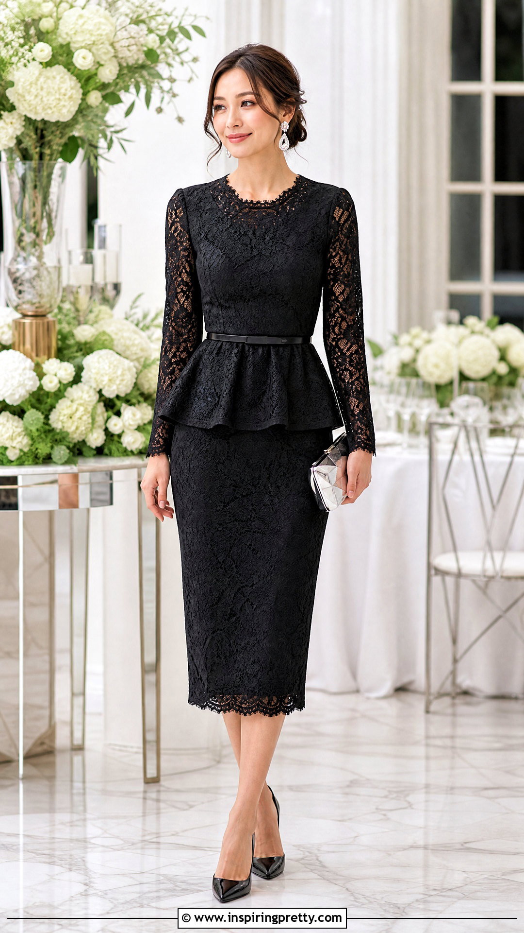 Black Lace Peplum Top With Matching Black Midi Skirt - 25 Black Lace Peplum Top outfit ideas