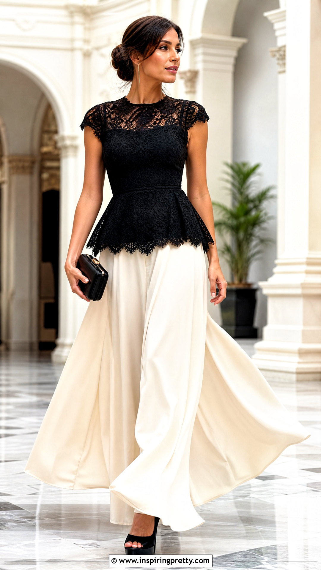 Black Lace Peplum Top With Palazzo Pants And Platform Heels - 25 Black Lace Peplum Top outfit ideas